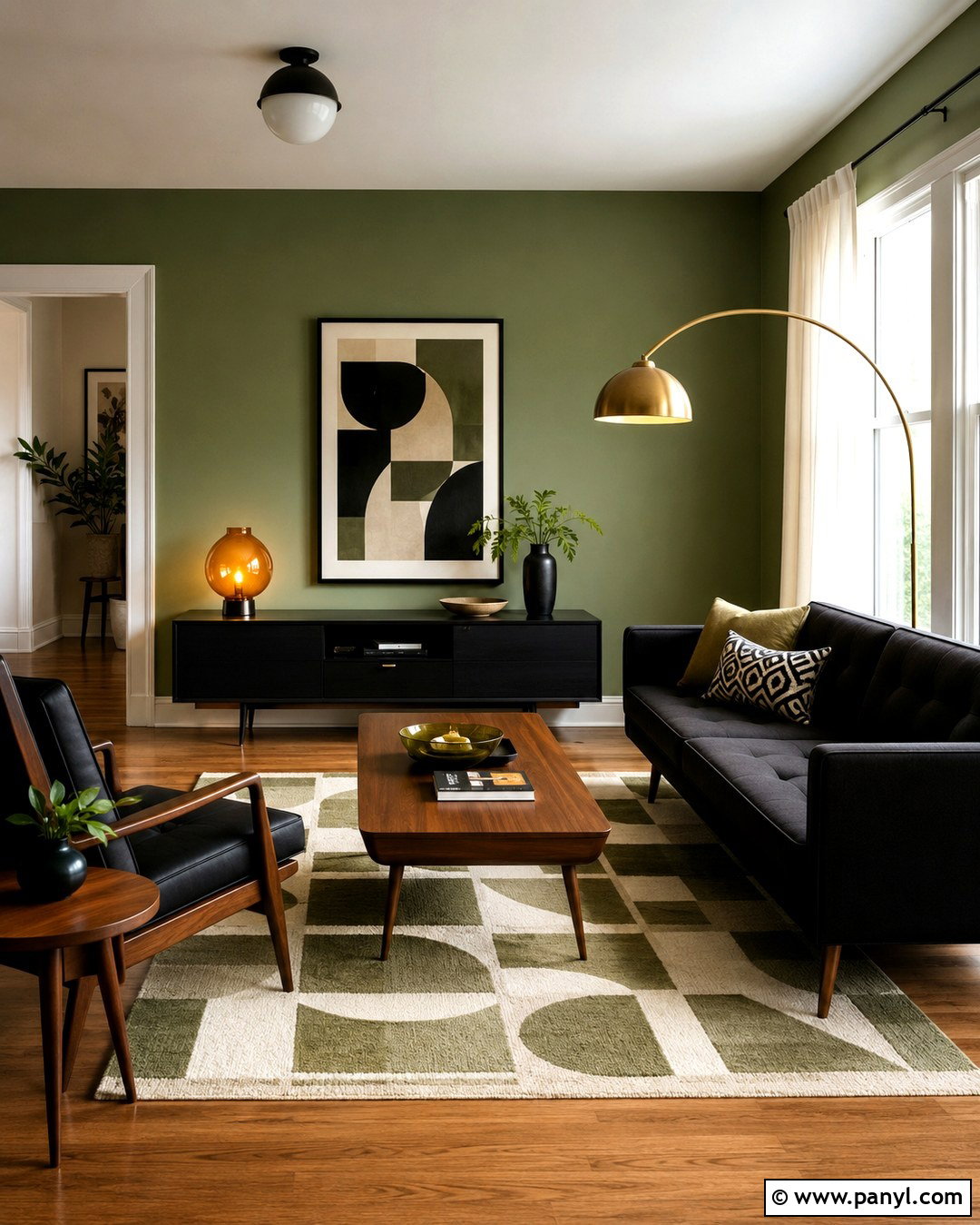 Midcentury Living Room With Sage Green Walls And Black Furniture - 20 Sage Green Walls With Black Furniture Ideas