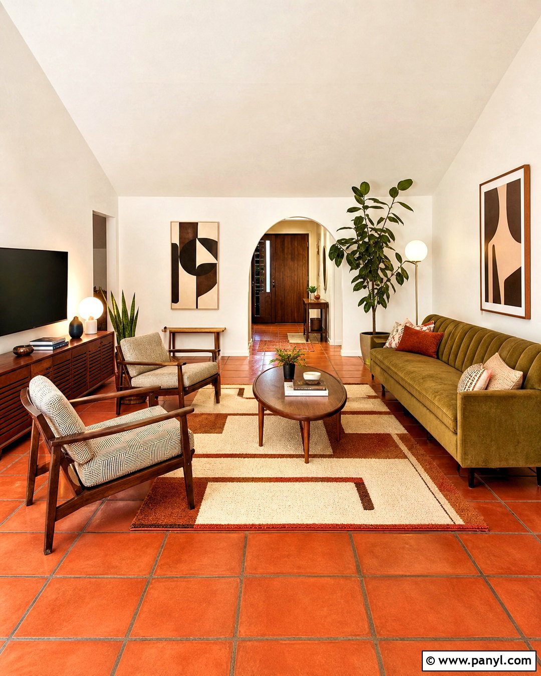 Midcentury Living Room With Terracotta Tiles - 20 terracotta tiles living room ideas