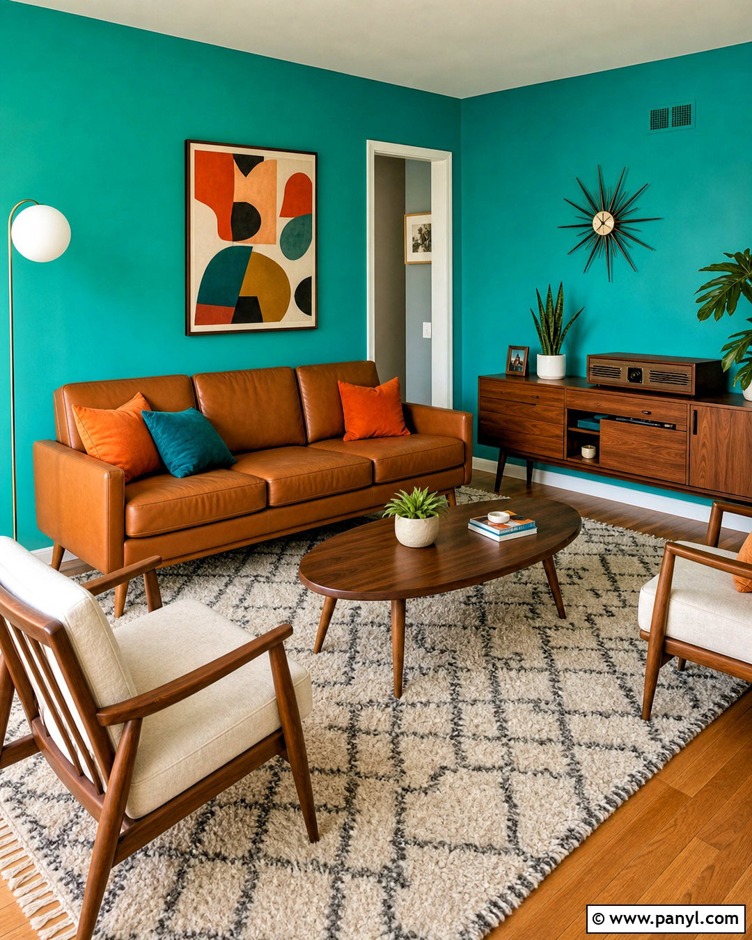 Midcentury Living Room With Turquoise Walls - 20 turquoise walls living room ideas