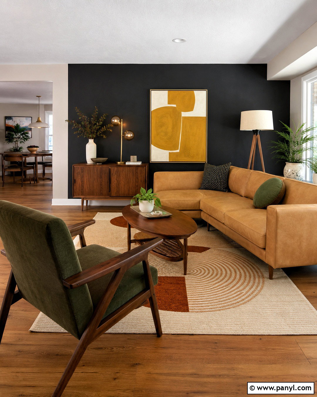 Midcentury Modern Black Accent Wall - 20 black accent wall living room ideas