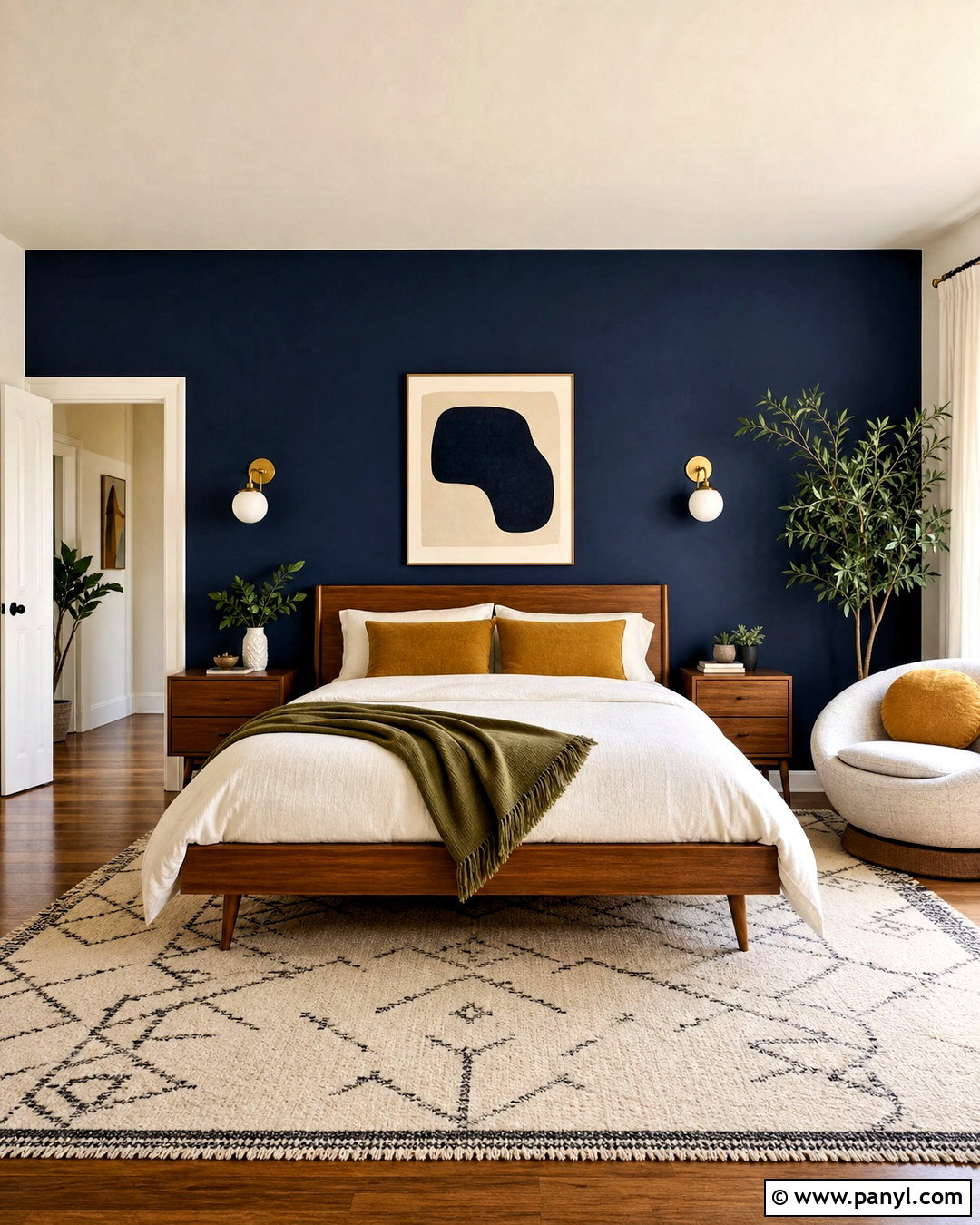Midcentury Modern Navy Accent Wall Bedroom - 20 navy accent wall bedroom ideas