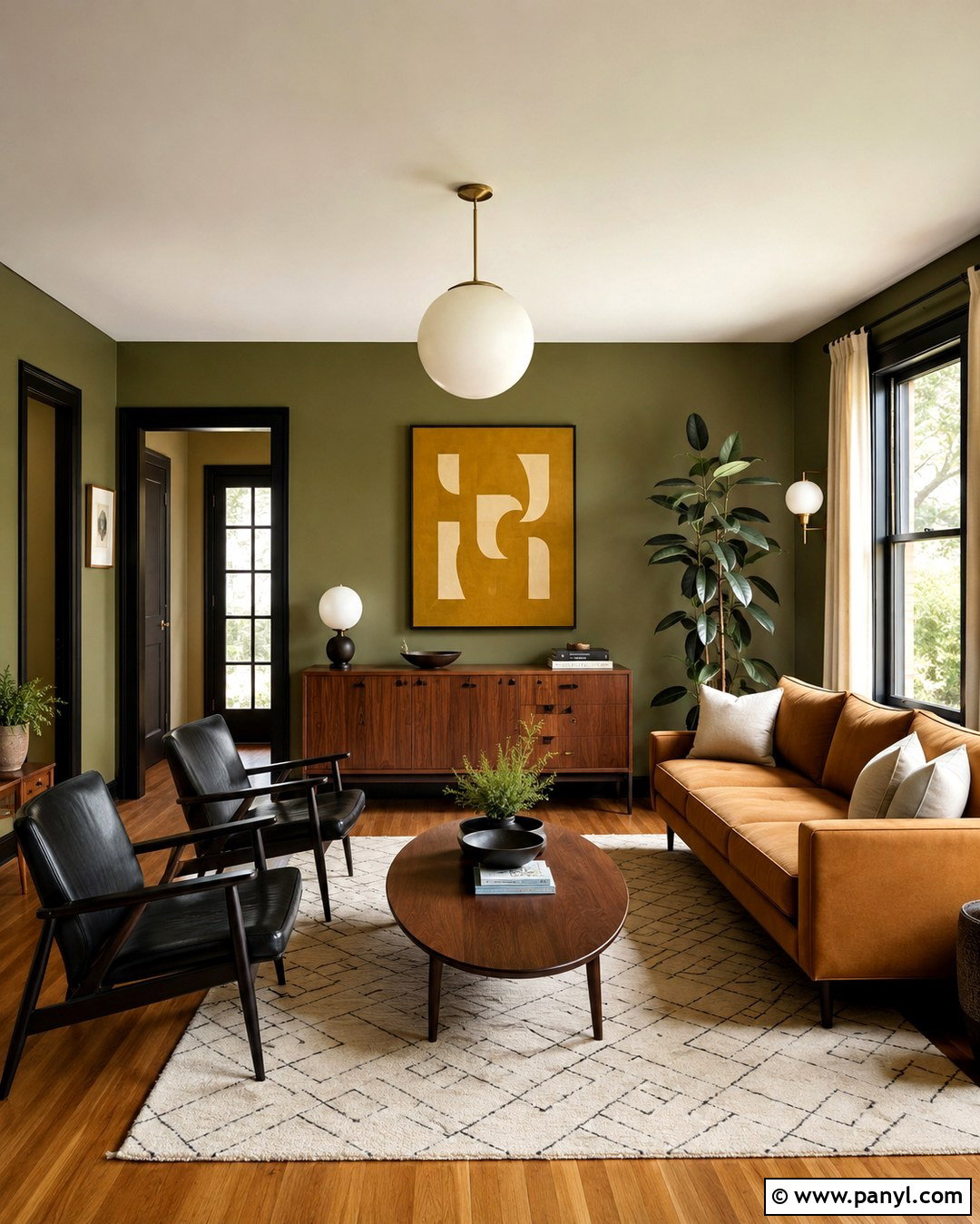 Midcentury Olive Green Living Room With Black Trim - 20 Olive Green Walls With Black Trim Ideas