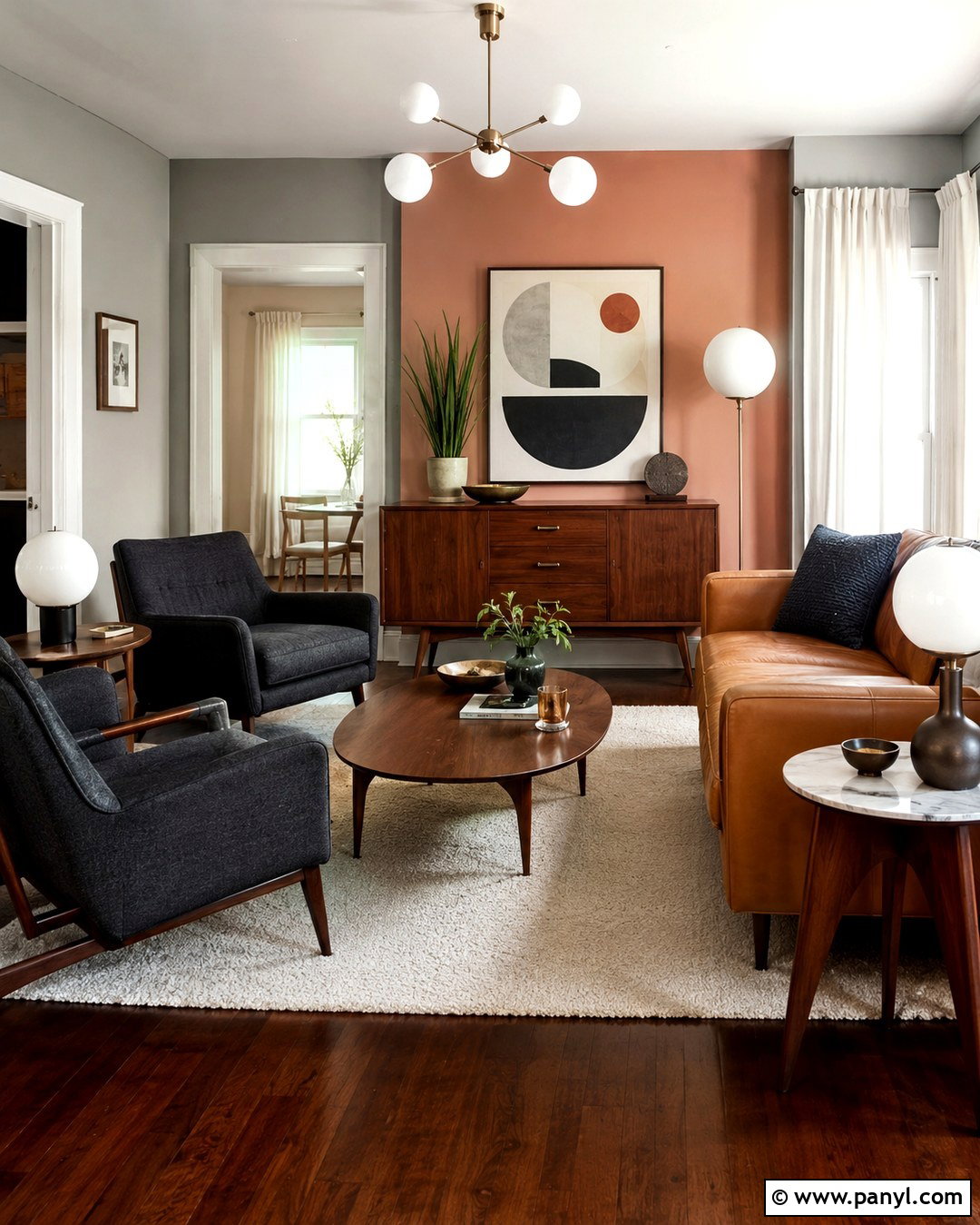 Midcentury Pink Accent Wall Living Room - 20 Grey Walls With Pink Accent Wall Ideas