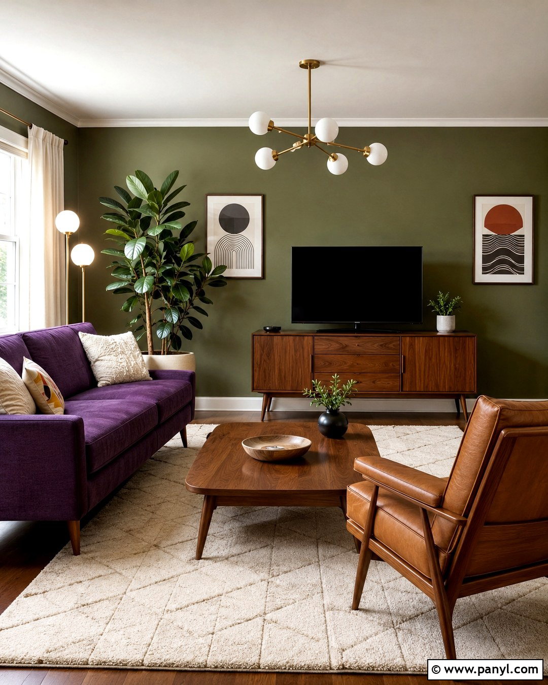 Midcentury Purple Sofa With Olive Green Walls - 20 Purple Sofa Green Walls