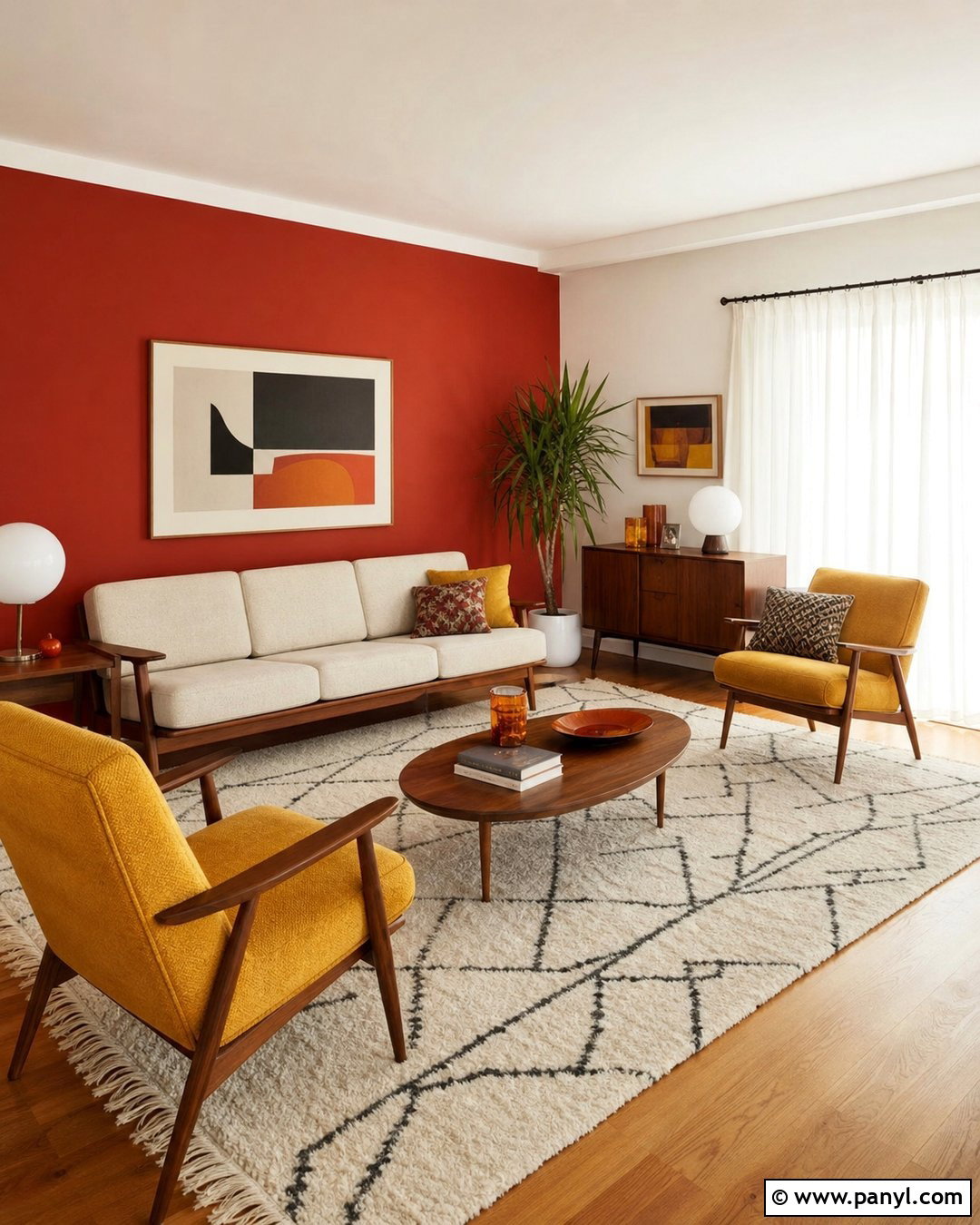 Midcentury Red Accent Wall Living Room - 20 Empty Room With Red Accent Wall Ideas