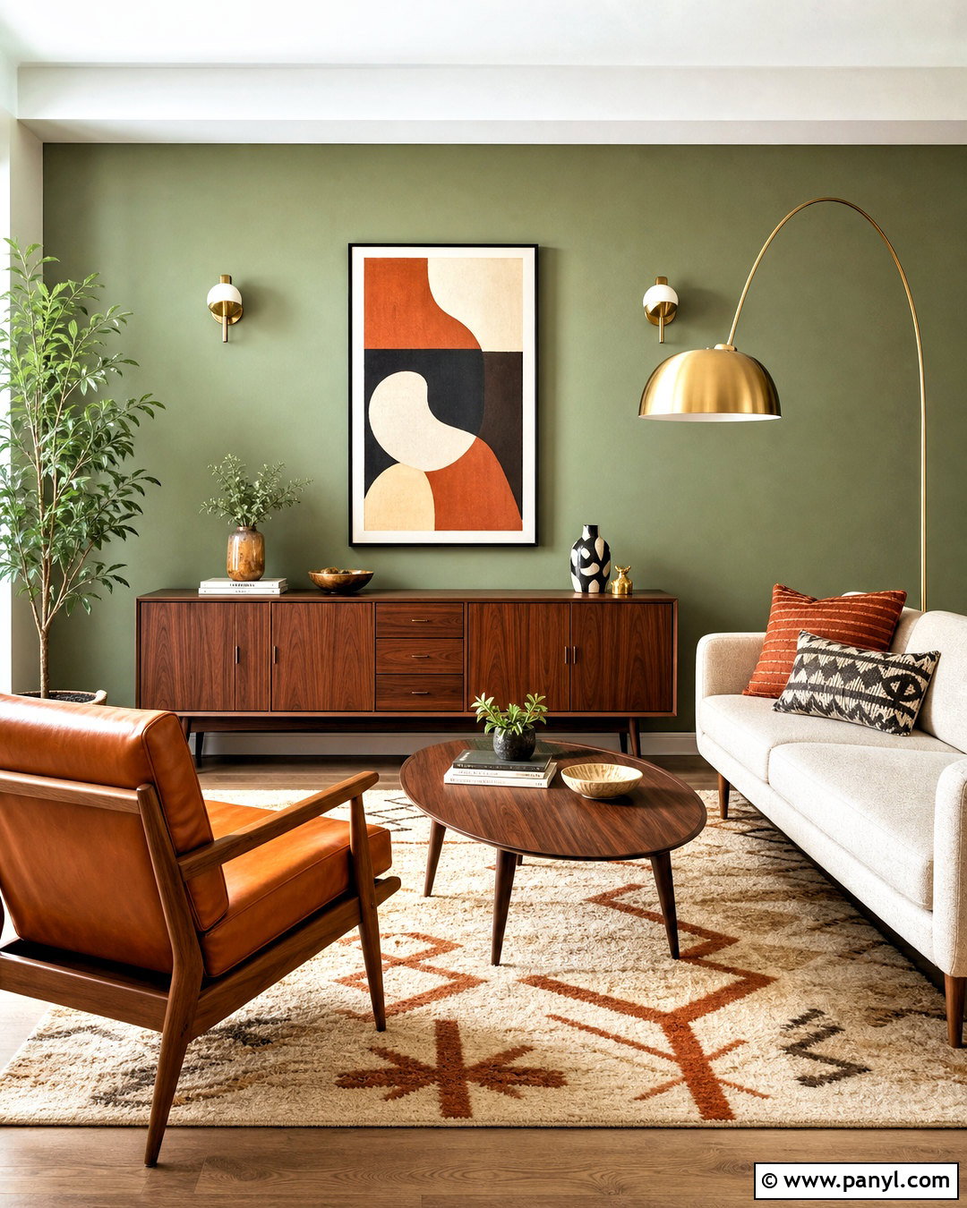 Midcentury Sage Green Accent Wall - 20 sage green accent wall living room ideas