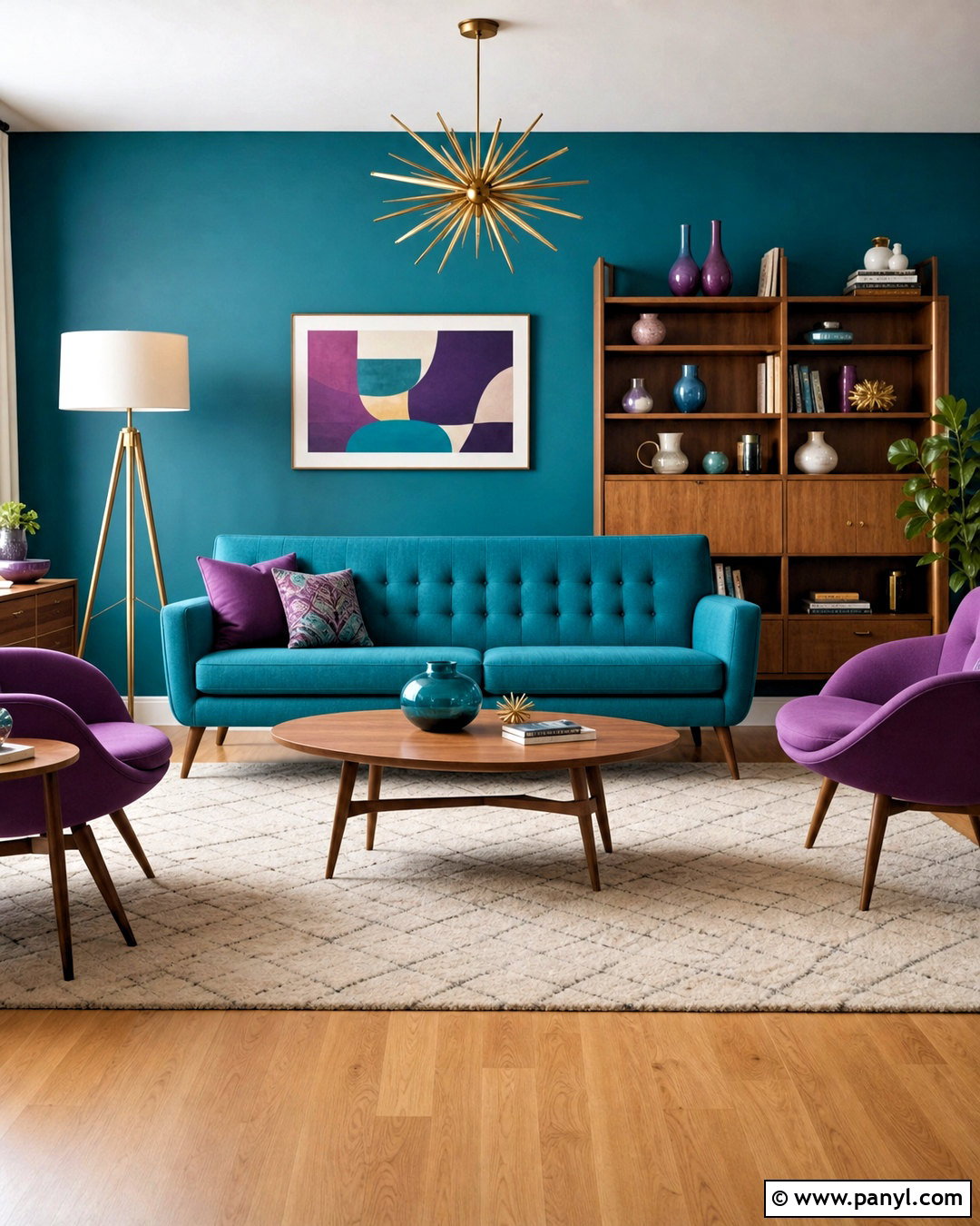 Midcentury Teal And Purple Living Room - 20 teal and purple living room ideas