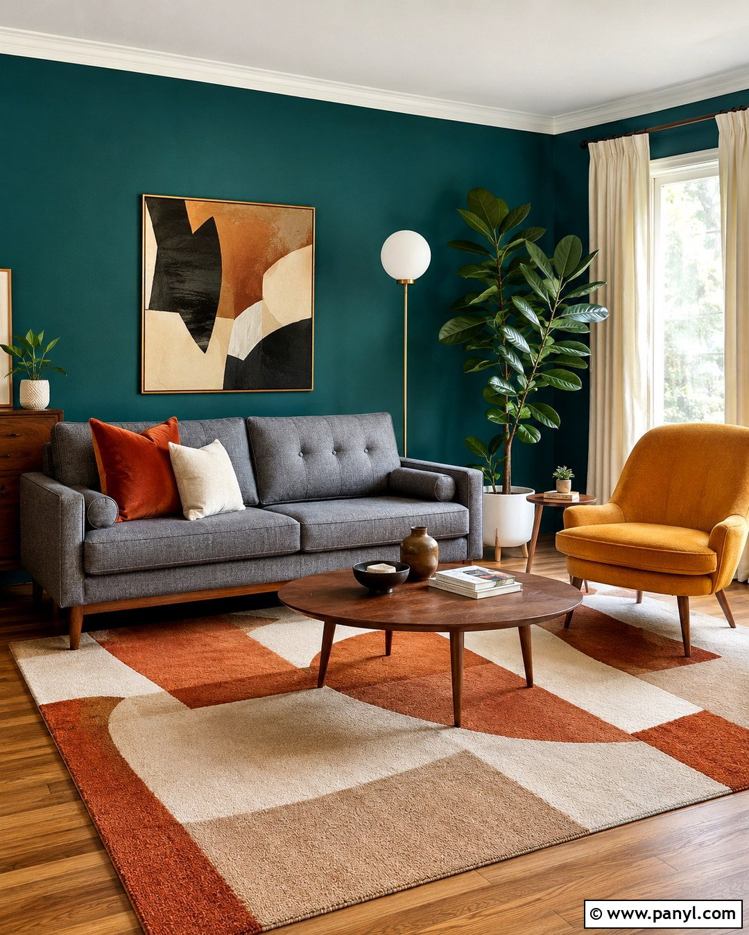 Midcentury Teal Living Room With Grey Sofa - 20 Teal Walls Grey Sofa Ideas