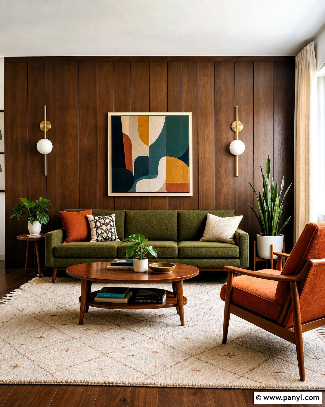 Midcentury Walnut Wood Accent Wall - 20 wood accent wall living room ideas