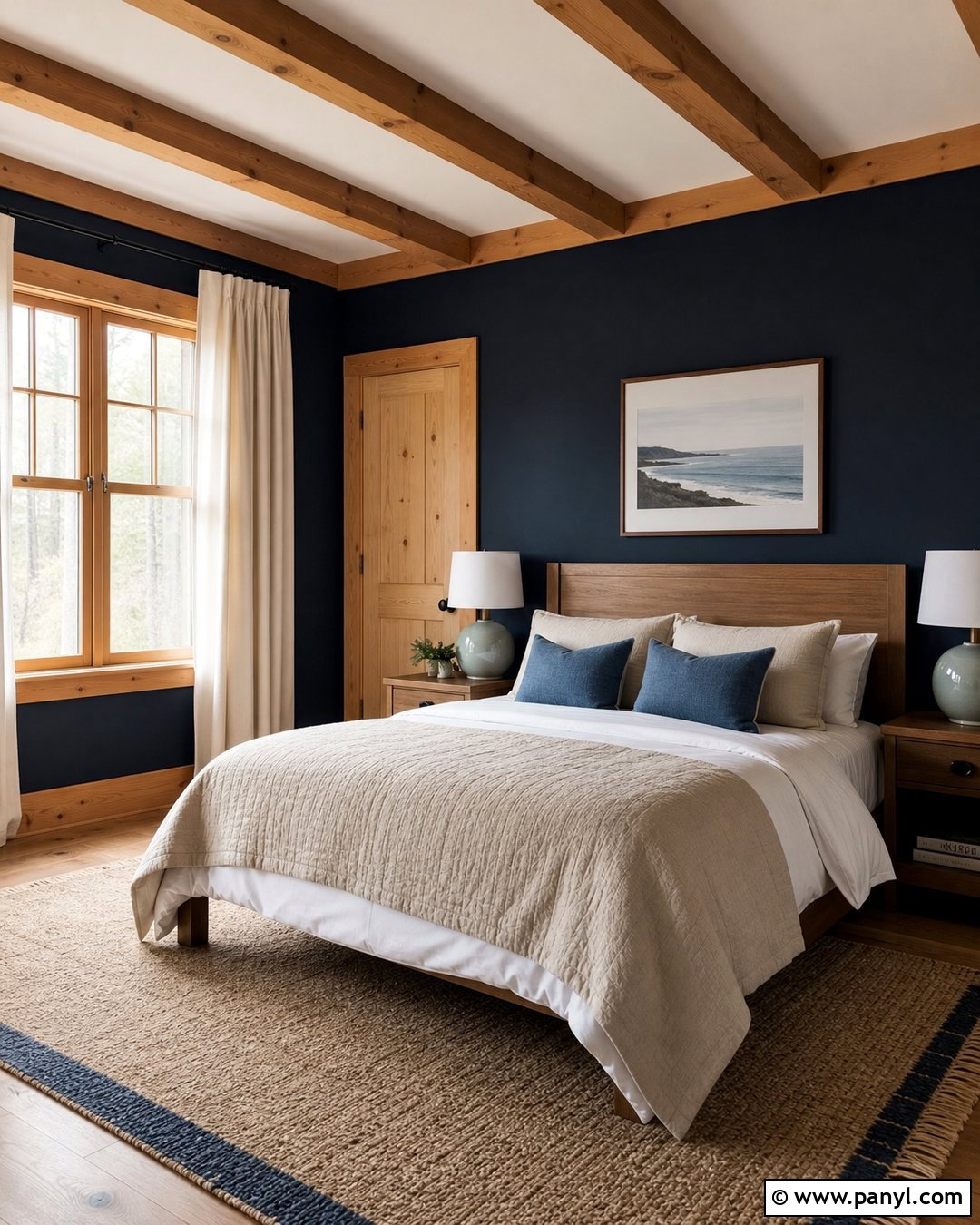 Midnight Blue Bedroom With Pine Trim - 20 Dark Walls Unpainted Woodwork Ideas