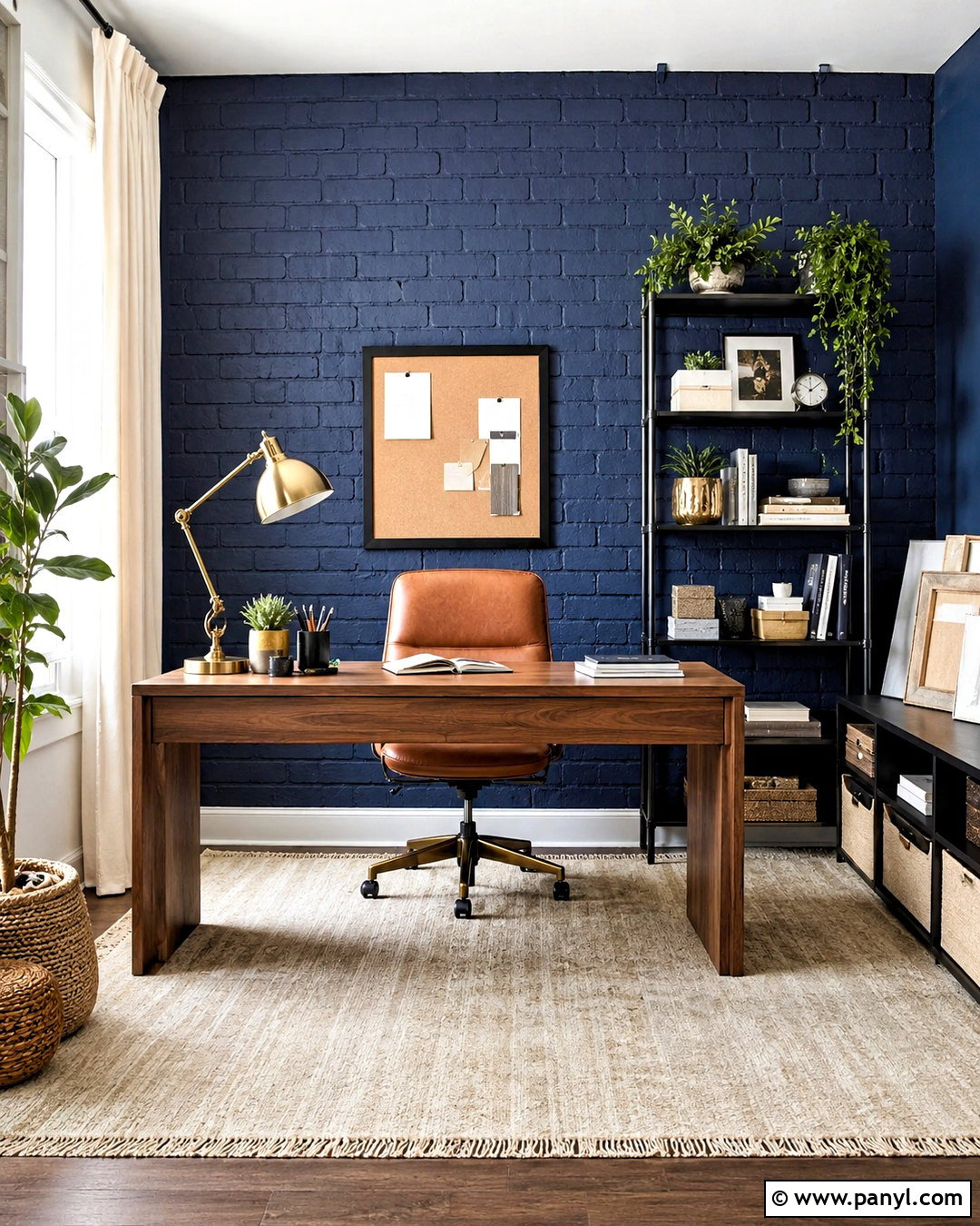 Midnight Blue Brick Home Office Wall - 20 blue brick wall ideas