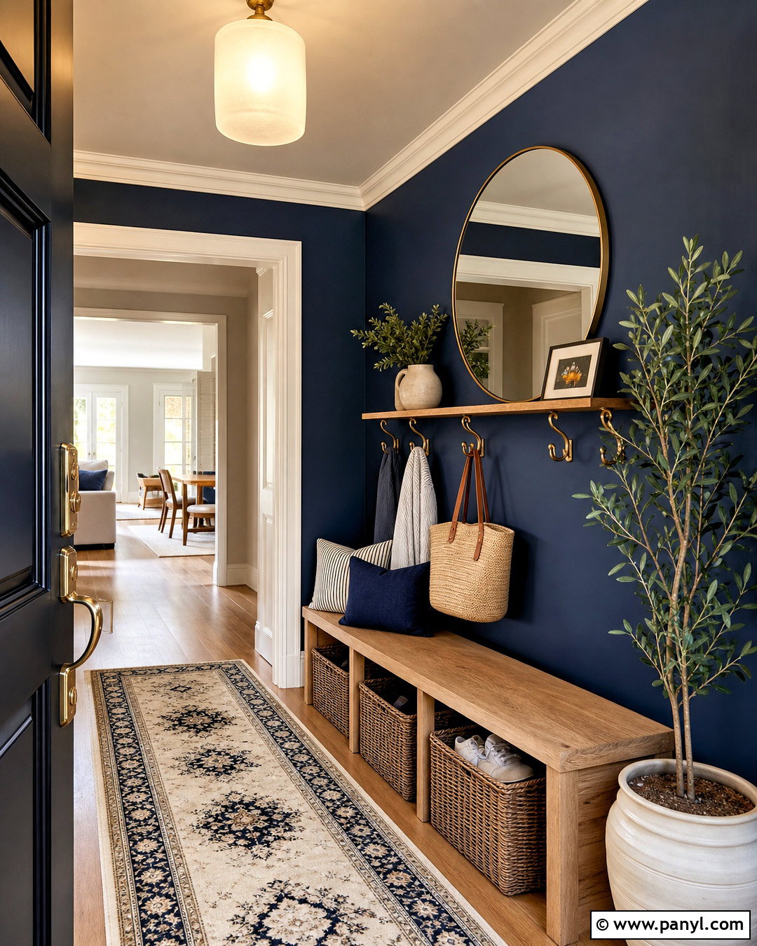 Midnight Blue Entryway Walls With An Oak Bench - 20 midnight blue walls