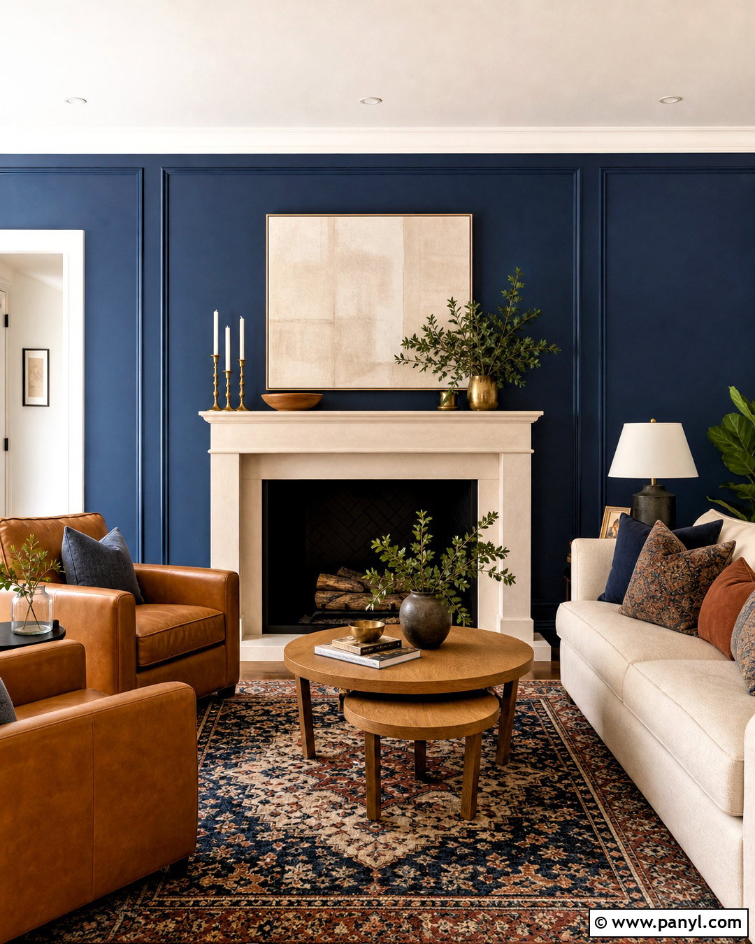 Midnight Blue Fireplace Wall With Cream Seating - 20 midnight blue walls