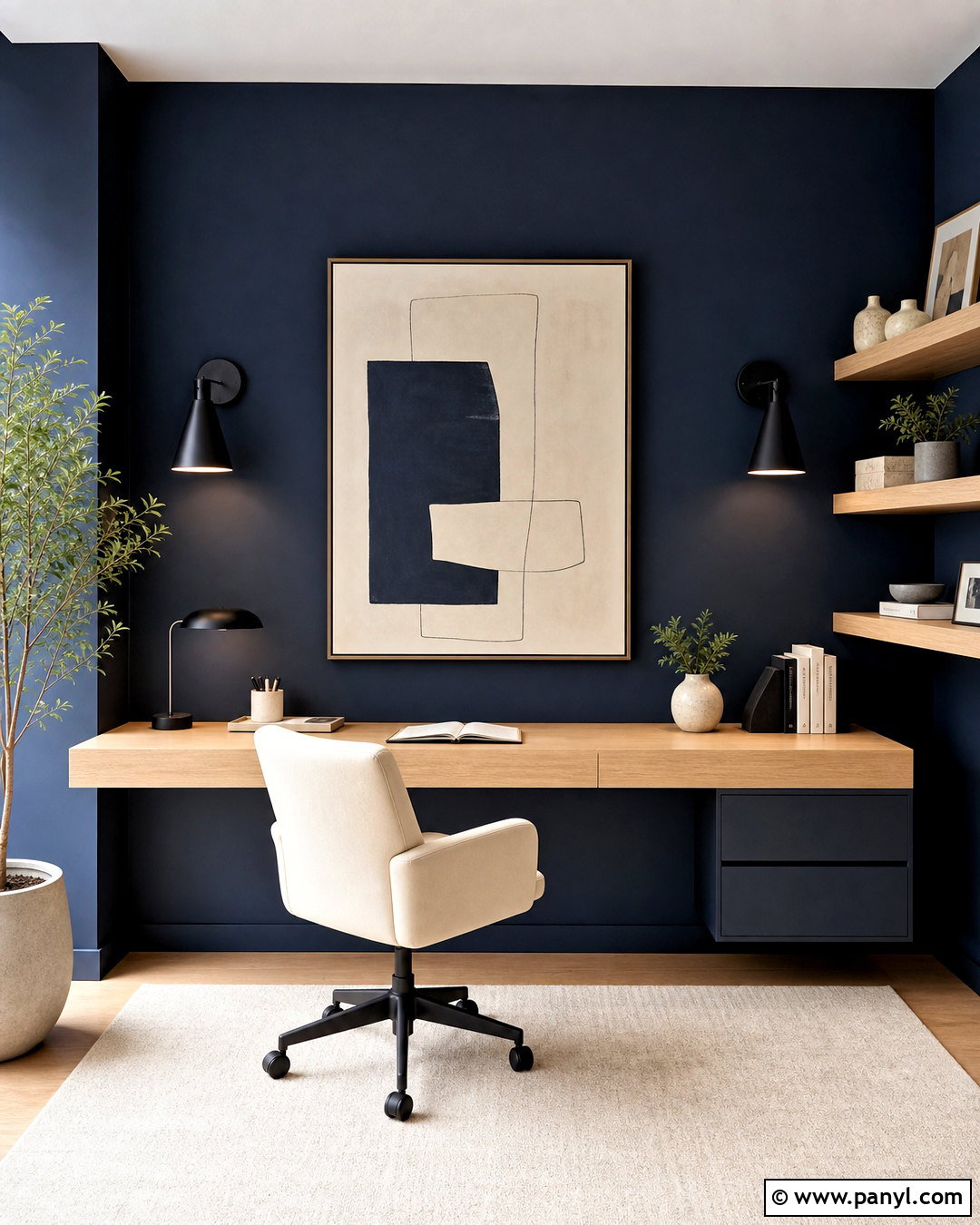 Midnight Blue Home Office Walls With White Oak - 20 midnight blue walls