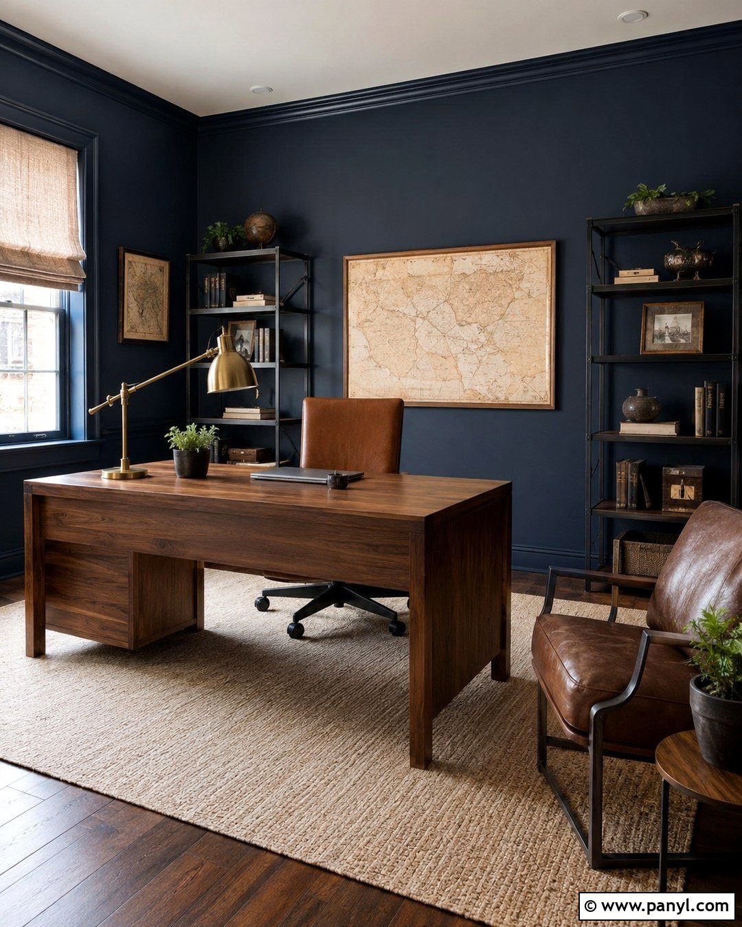 Midnight Blue Home Office With Cognac Leather - 20 Midnight Blue Wall Color Ideas