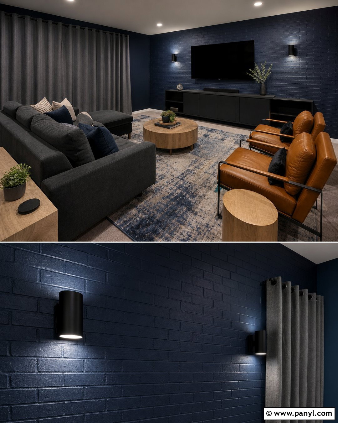 Midnight Blue Painted Brick Media Room - 20 Blue Painted Brick Wall Ideas