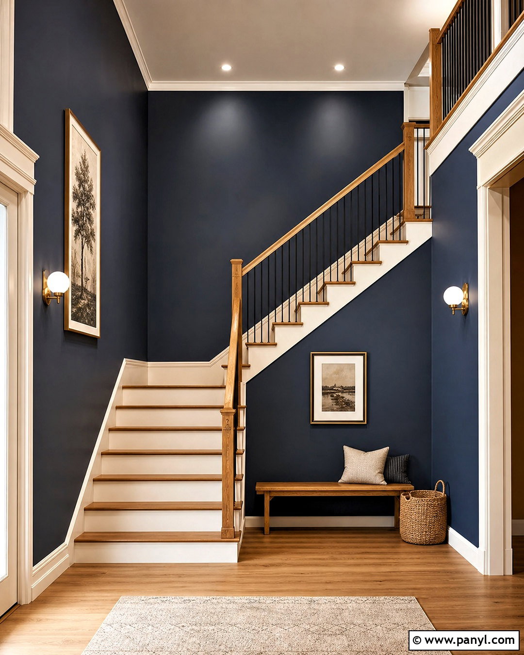 Midnight Blue Stairway Walls With Wood Steps - 20 midnight blue walls