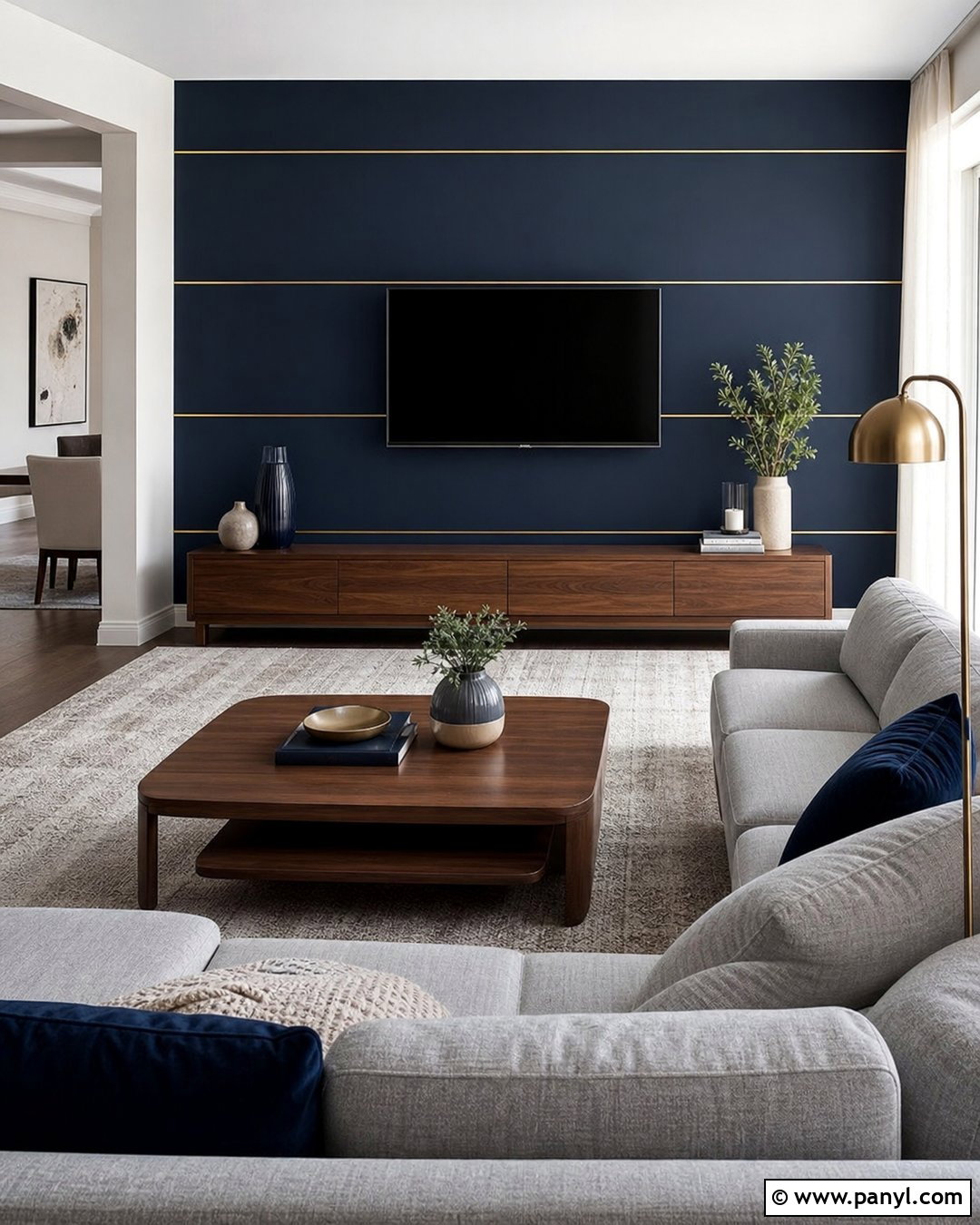 Midnight Blue TV Wall With Gold Horizontal Lines - 20 Blue Wall With Gold Lines
