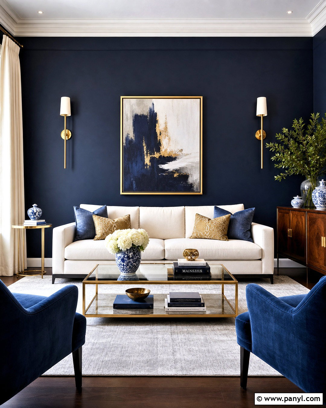Midnight Blue Wall With Brass - 20 dark feature wall living room ideas