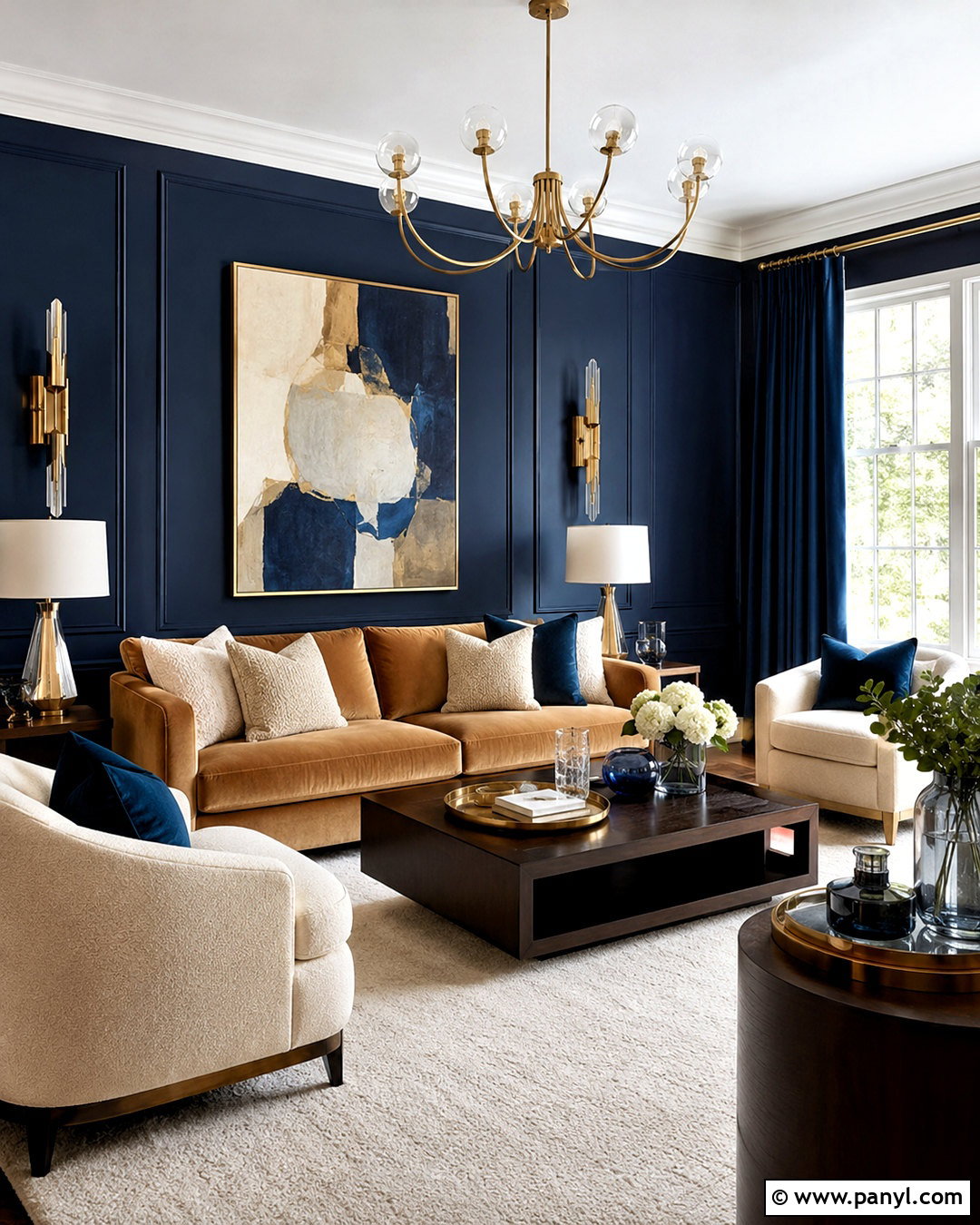 Midnight Blue Walls With Brass Accents - 20 blue wall living room ideas