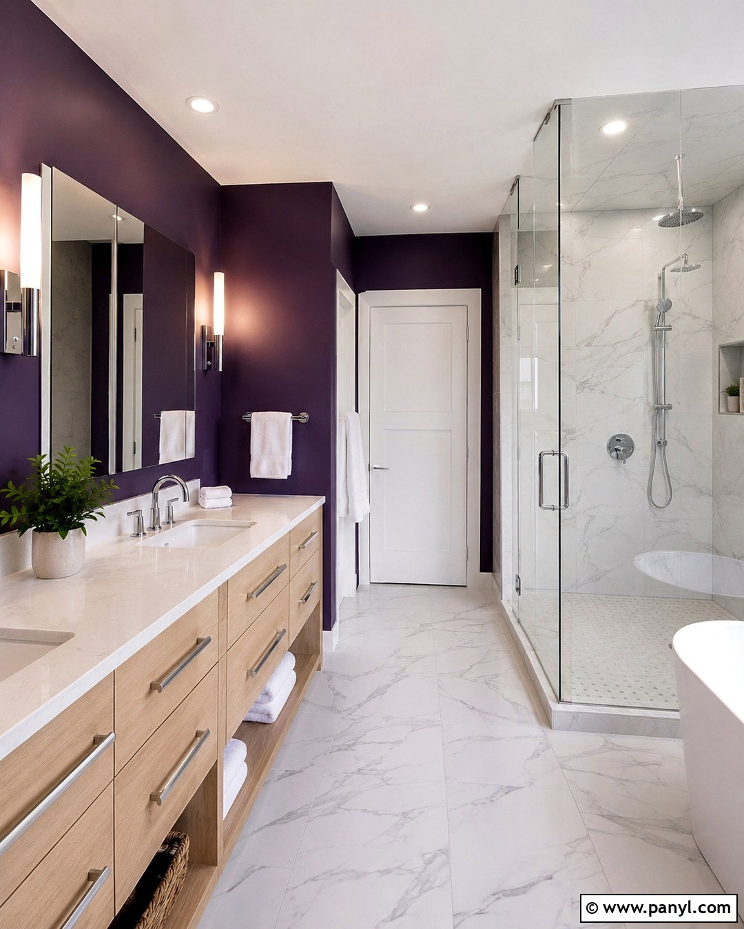 Midnight Purple Bathroom Wall With White Marble - 20 Midnight Purple Wall Ideas