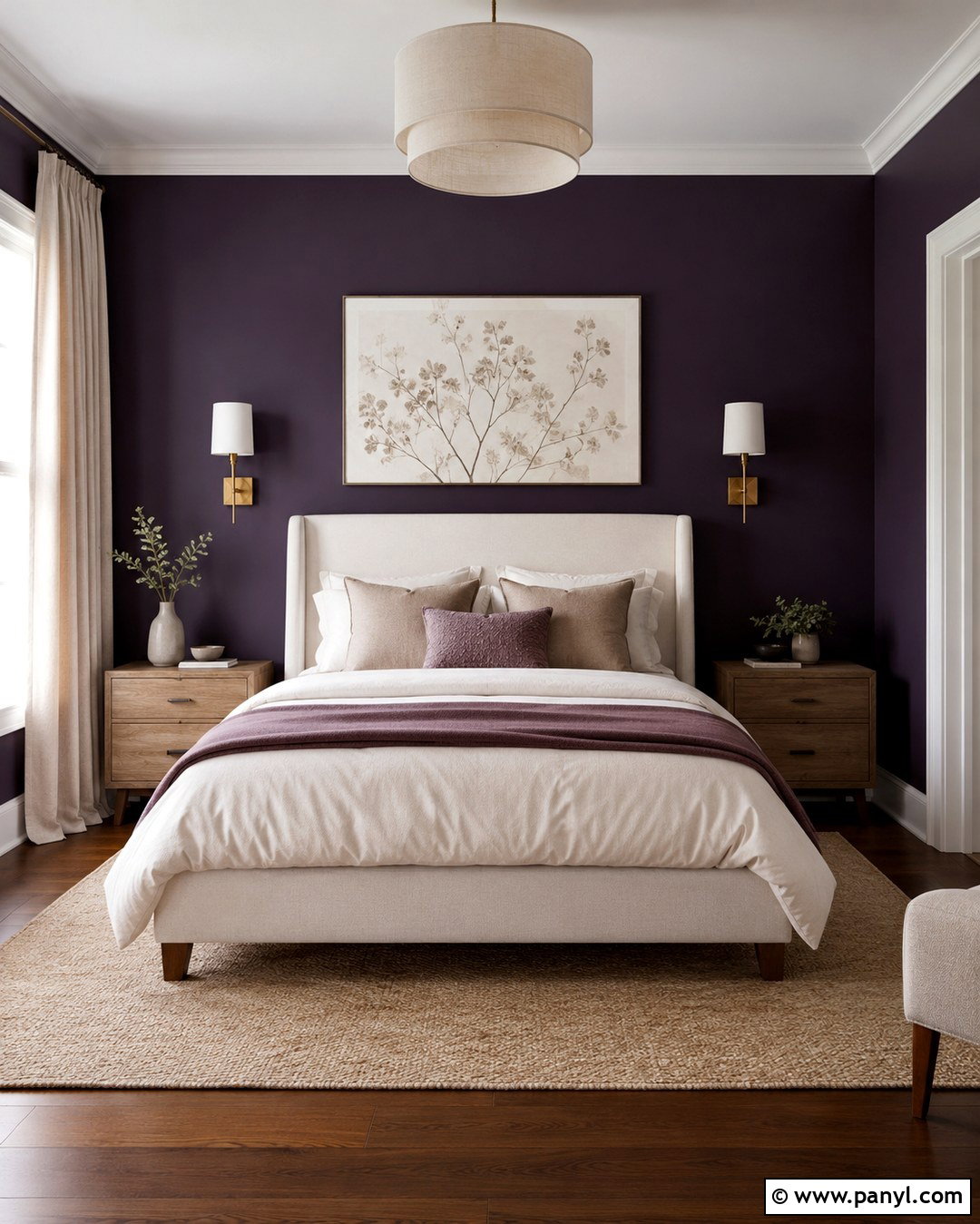 Midnight Purple Bedroom Wall With Cream Bedding - 20 Midnight Purple Wall Ideas