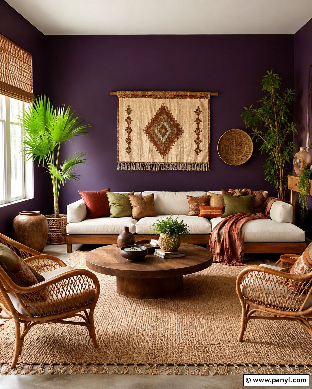 Midnight Purple Boho Living Room With Rattan - 20 Midnight Purple Wall Ideas