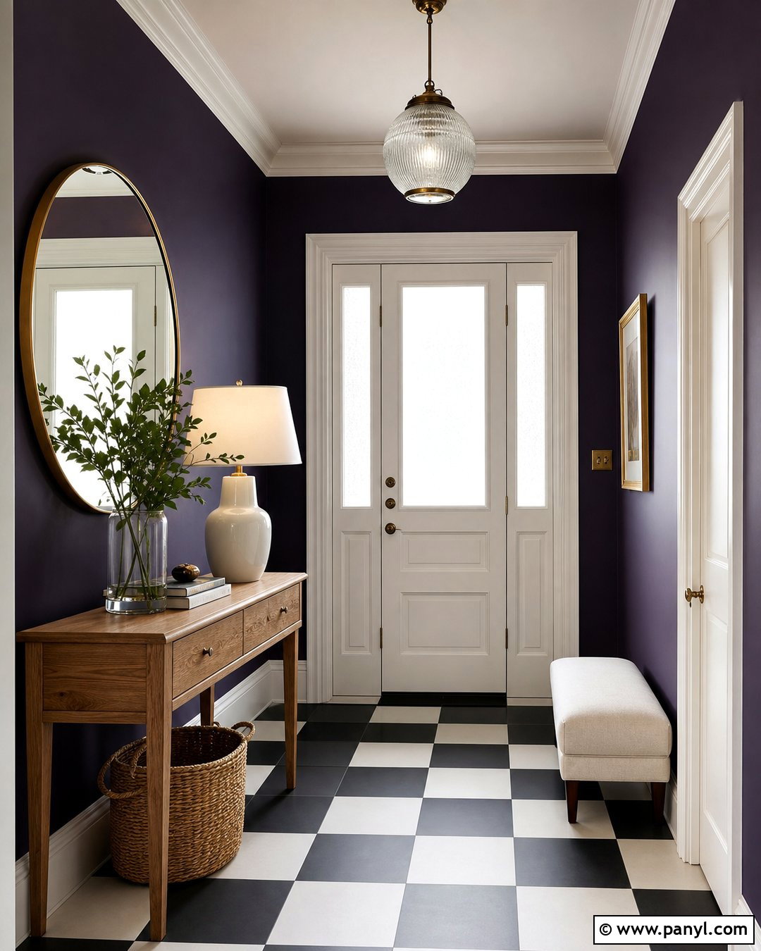 Midnight Purple Entryway With Checkerboard Flooring - 20 Midnight Purple Wall Paint Ideas