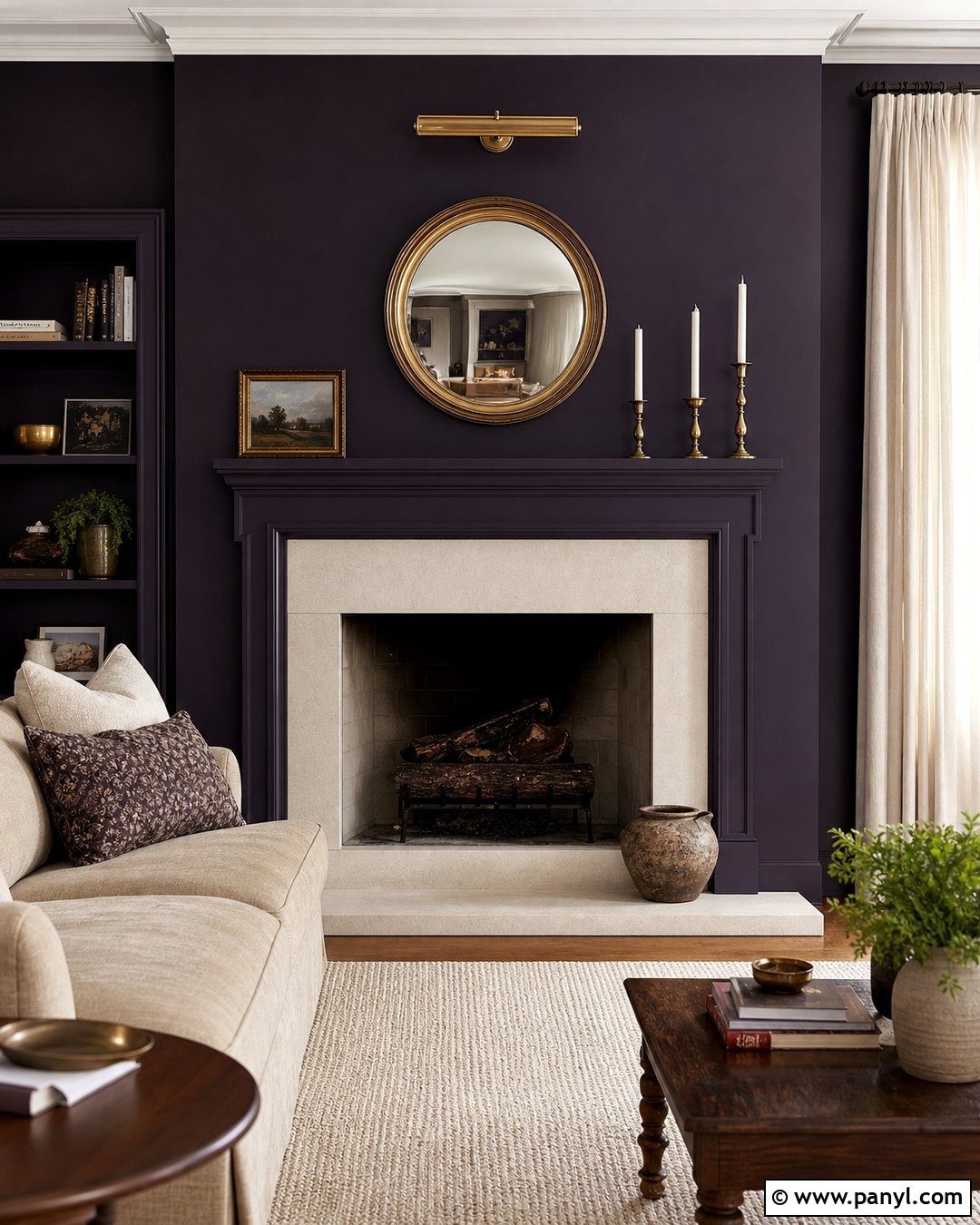 Midnight Purple Fireplace Wall With Brass Decor - 20 Midnight Purple Wall Paint Ideas
