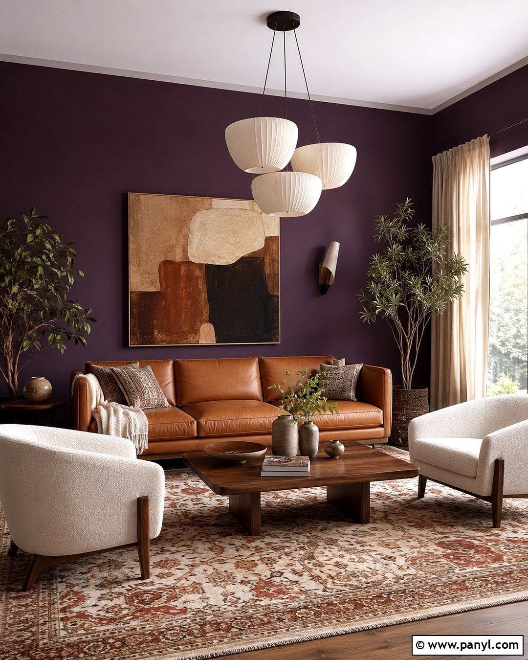 Midnight Purple Living Room Wall With Camel Furniture - 20 Midnight Purple Wall Ideas