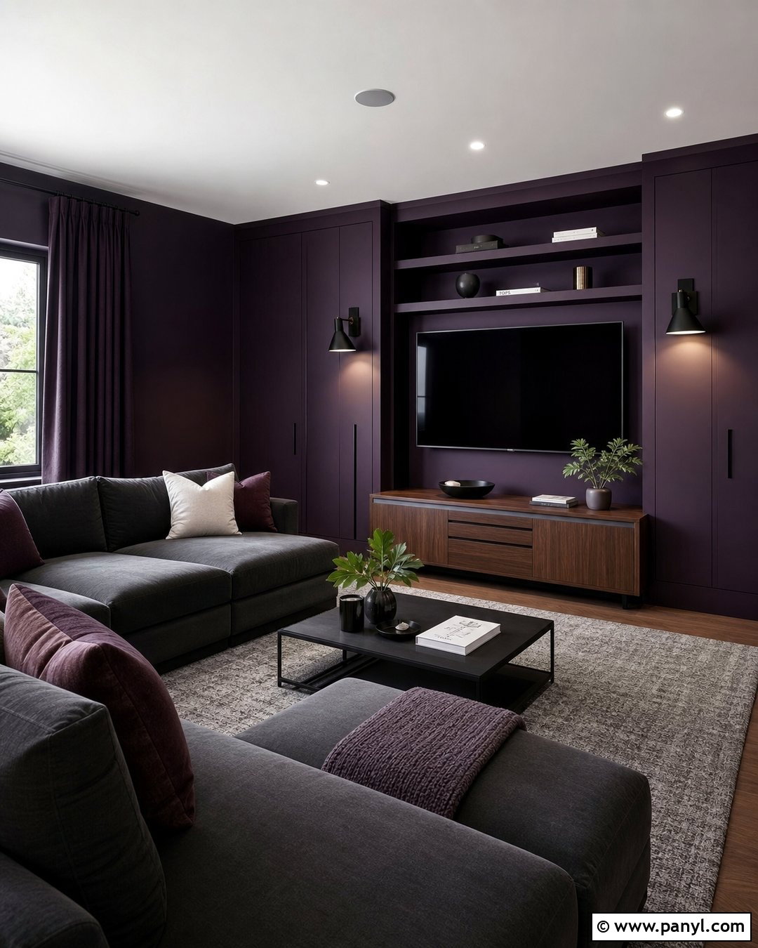 Midnight Purple Media Room With Charcoal Seating - 20 Midnight Purple Wall Paint Ideas