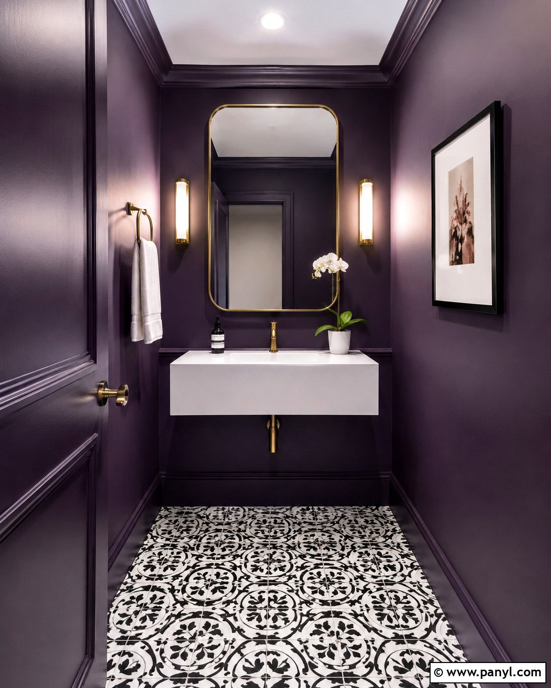 Midnight Purple Powder Room With Gold Fixtures - 20 Midnight Purple Wall Ideas