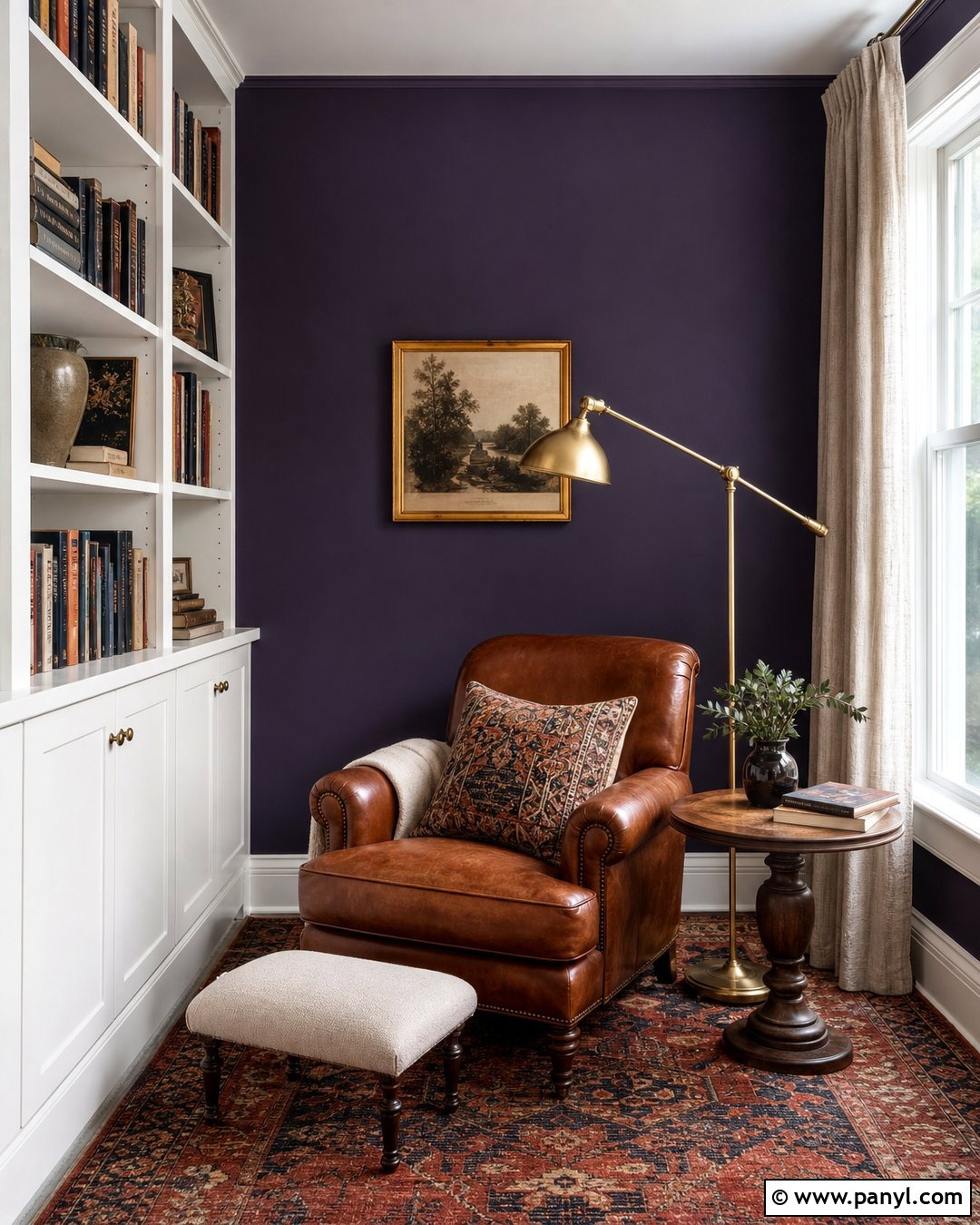 Midnight Purple Reading Nook With Cognac Leather - 20 Midnight Purple Wall Paint Ideas