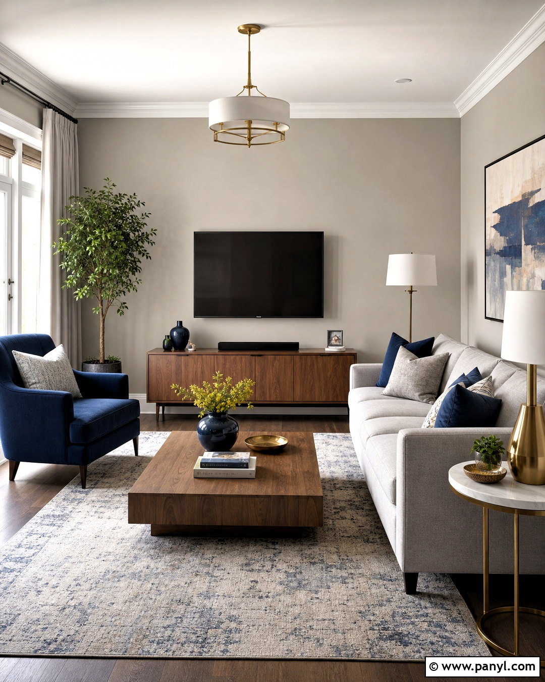 Mindful Gray Living Room With Navy Accents - 20 sherwin williams mindful gray ideas