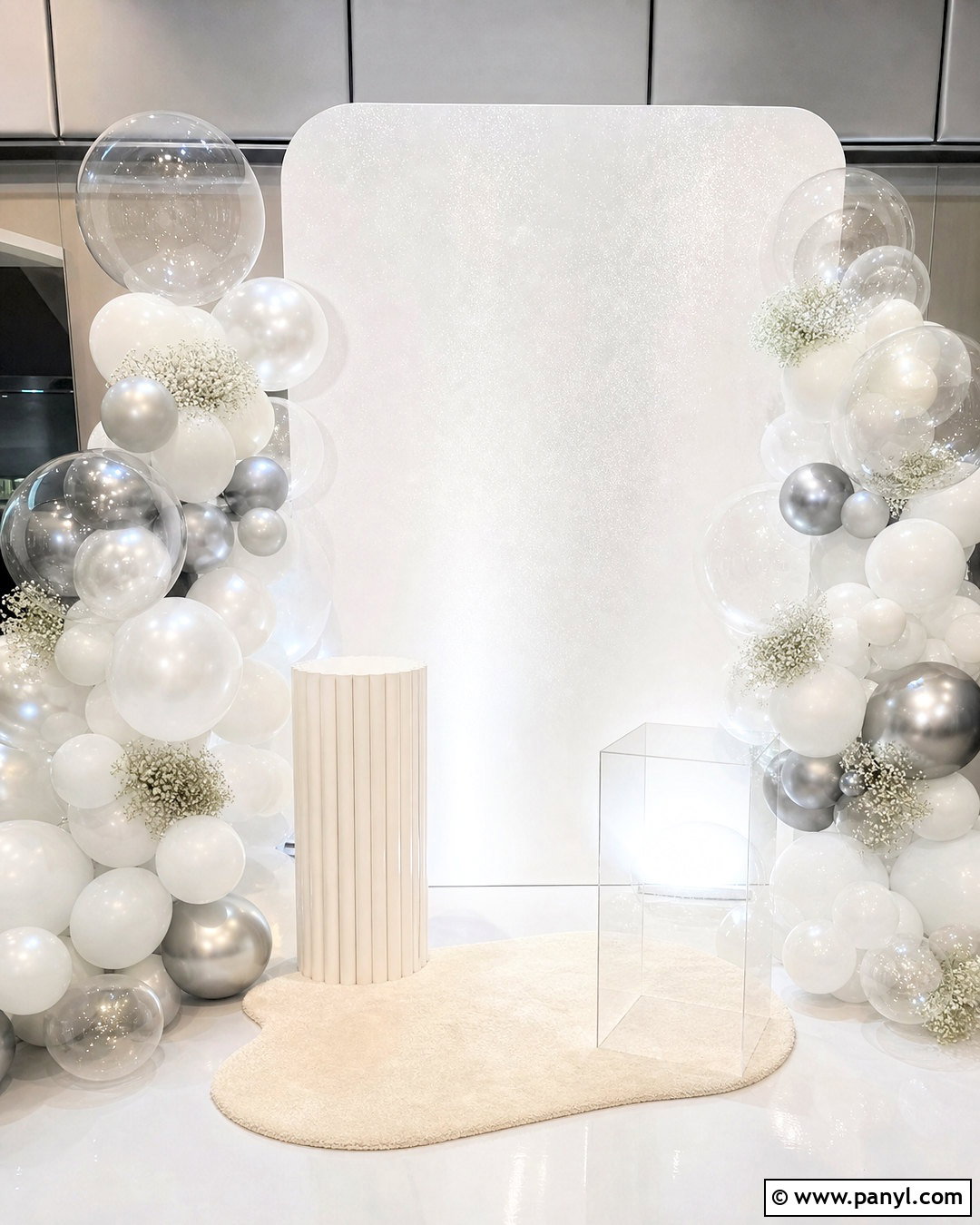 Minimal White Shimmer Wall With Clear Balloons - 20 shimmer wall with balloons