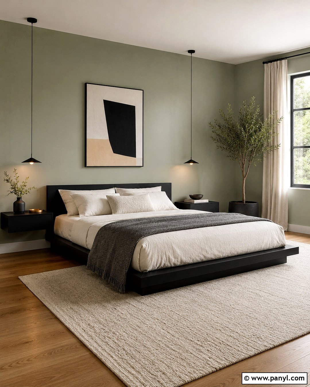 Minimalist Bedroom With Sage Green Walls And Black Bed - 20 Sage Green Walls With Black Furniture Ideas