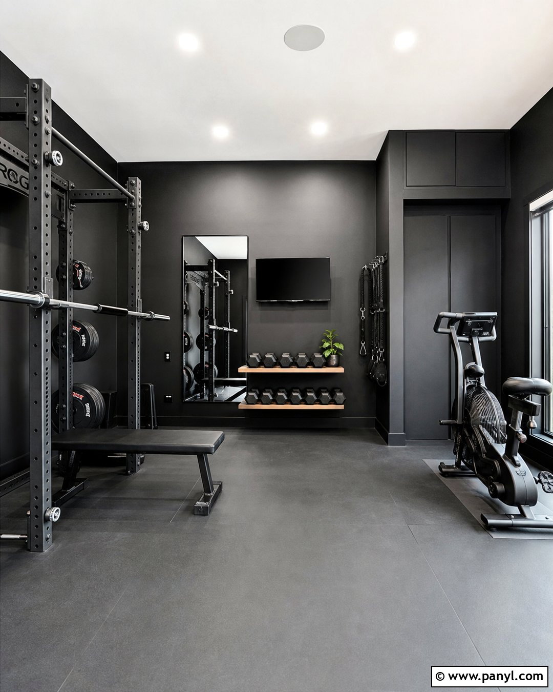 Minimalist Black Home Gym - 25 Black Walls Home Gym Ideas