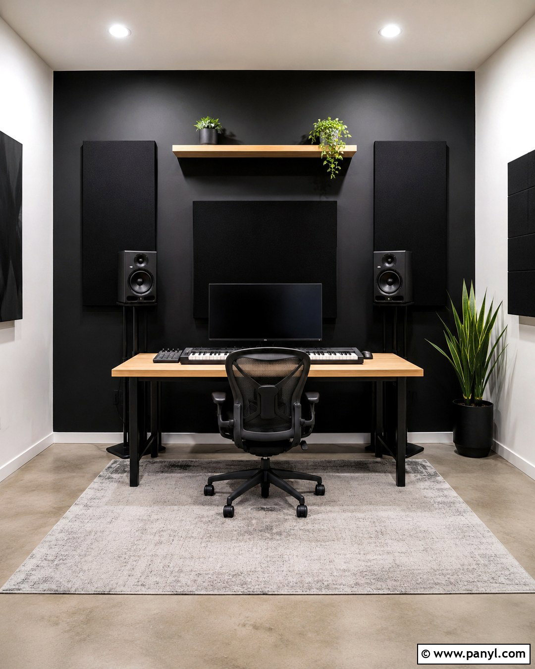 Minimalist Black Wall Production Studio - 20 Black Wall Music Room Ideas