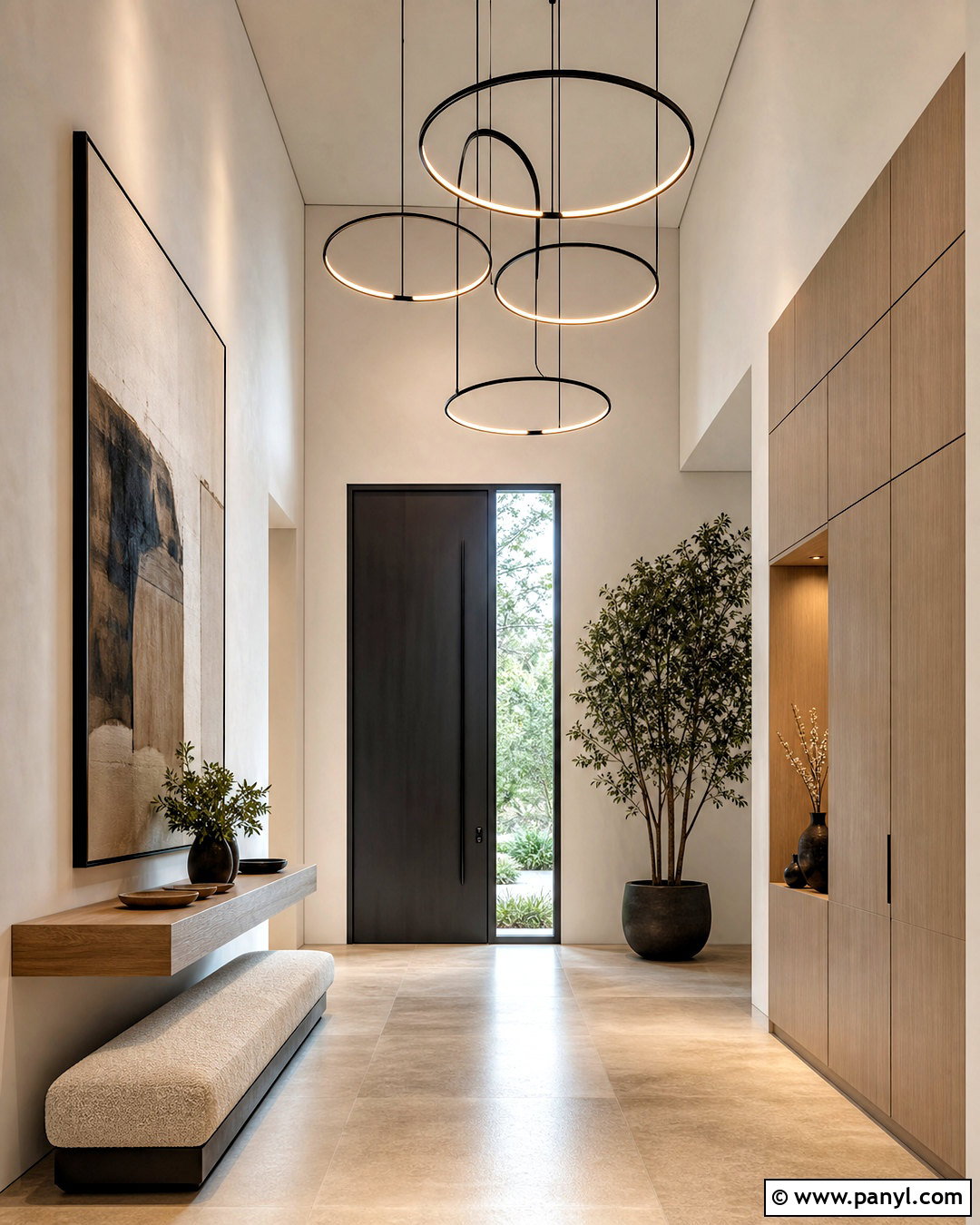 Minimalist Entryway With Sculptural Lighting - 20 tall entryway ideas high ceilings