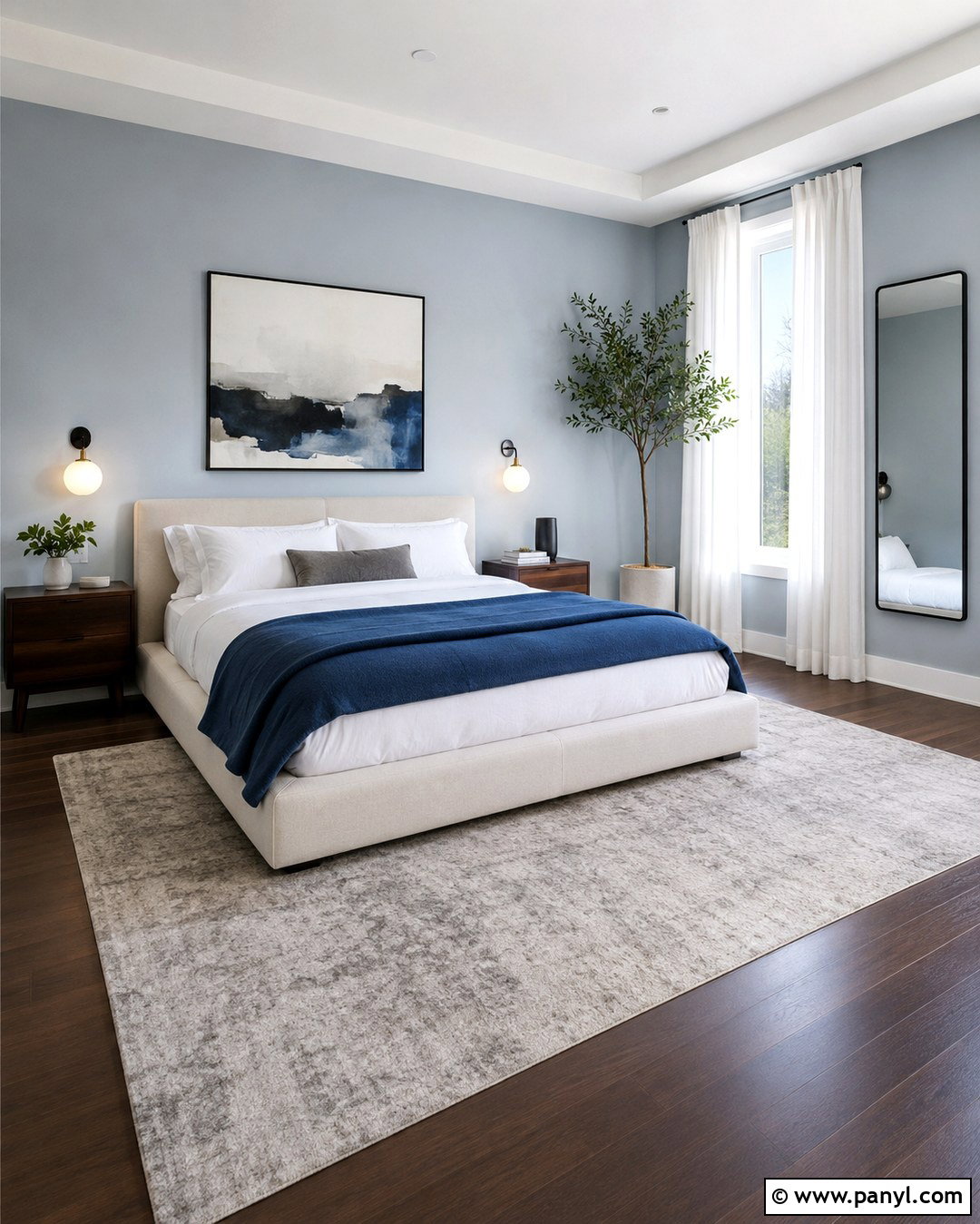 Minimalist Light Blue Bedroom With Espresso Floors - 20 Light Blue Walls Dark Wood Floor Ideas