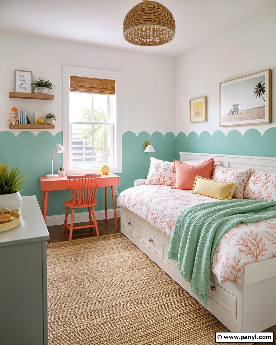 Mint And Coral Scalloped Wall - 25 Scalloped Painted Wall Girls Room Ideas