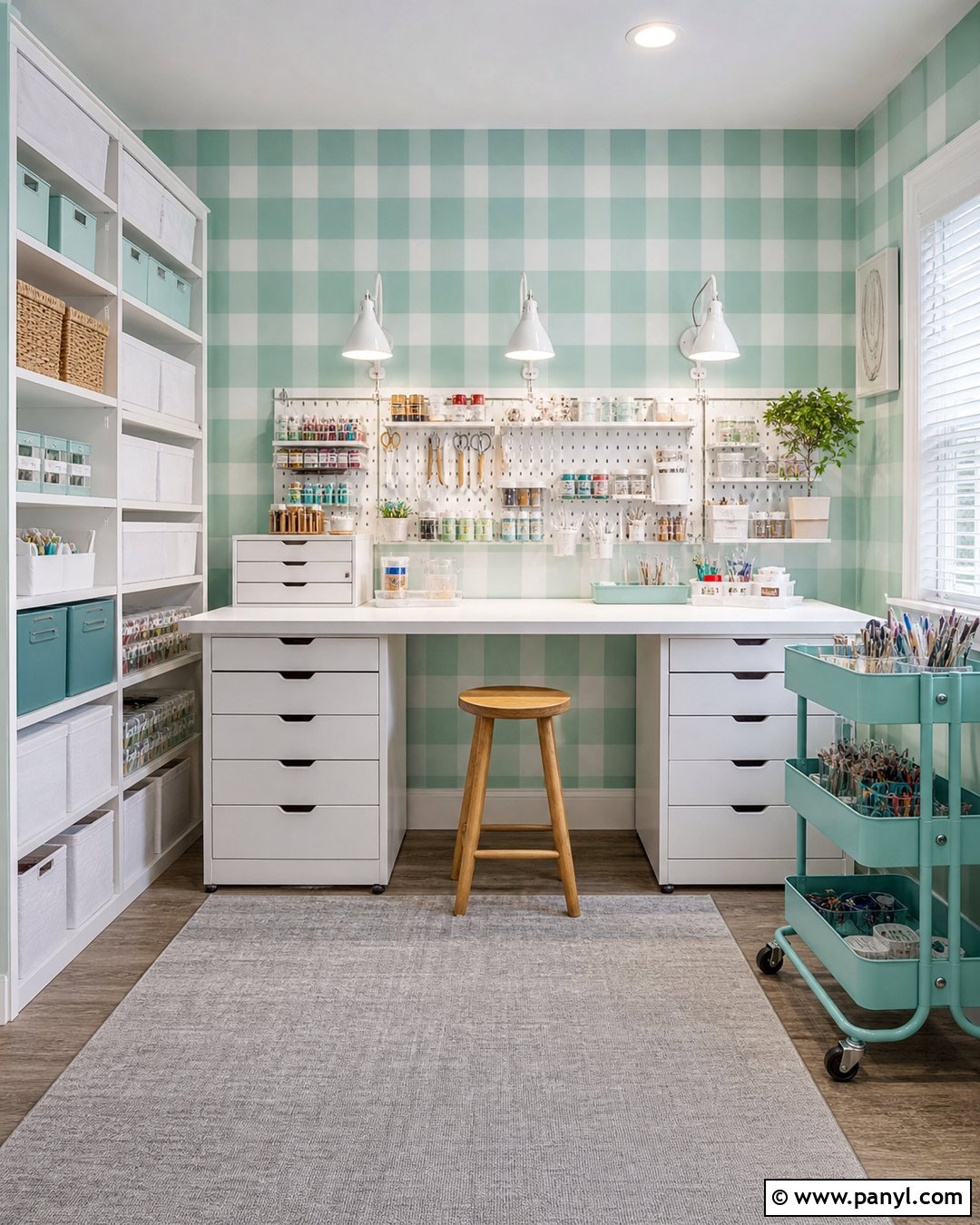 Mint Gingham Painted Craft Room Walls - 30 Gingham Painted Walls