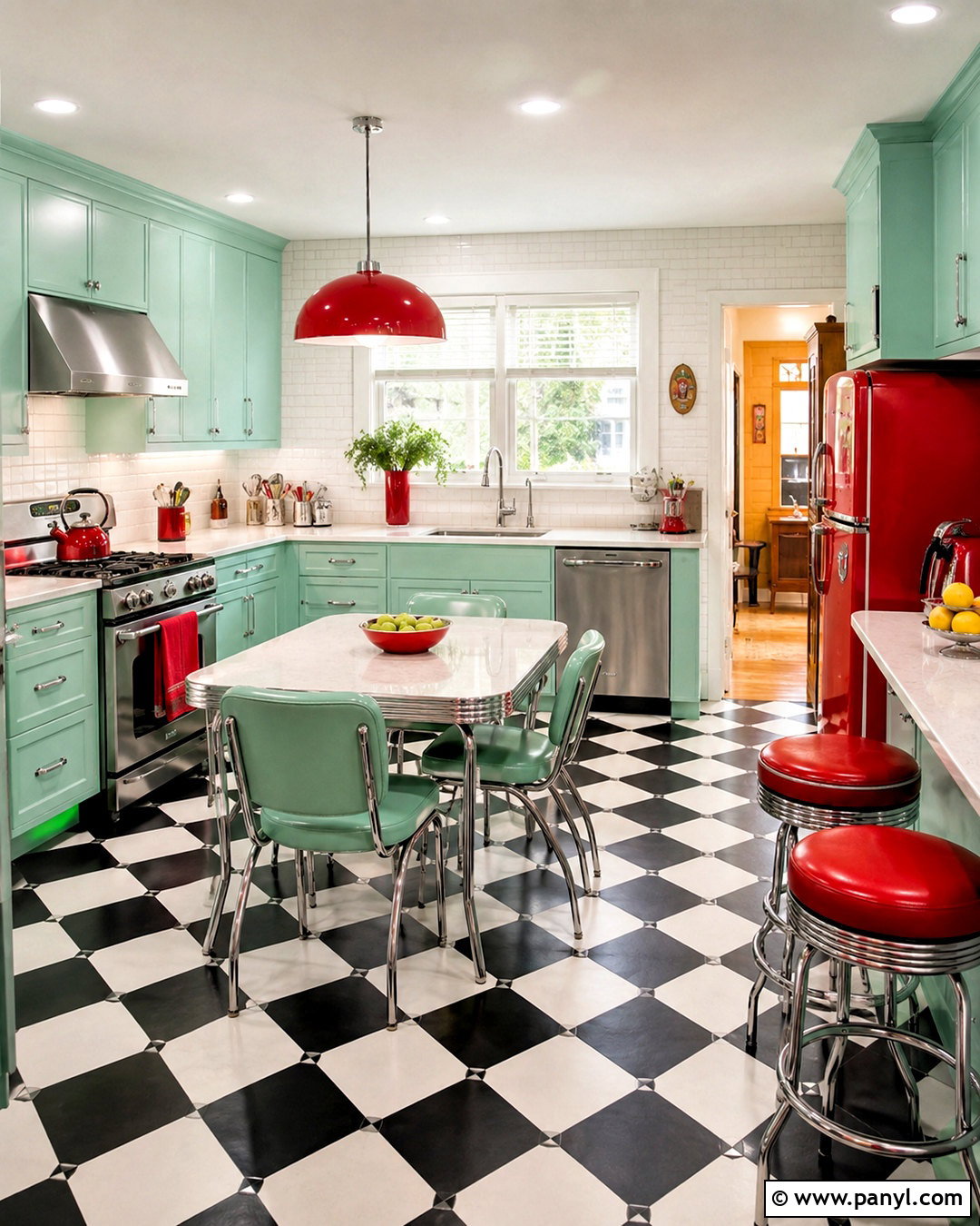 Mint Green And Cherry Red Retro Kitchen - 20 mint green color palette ideas