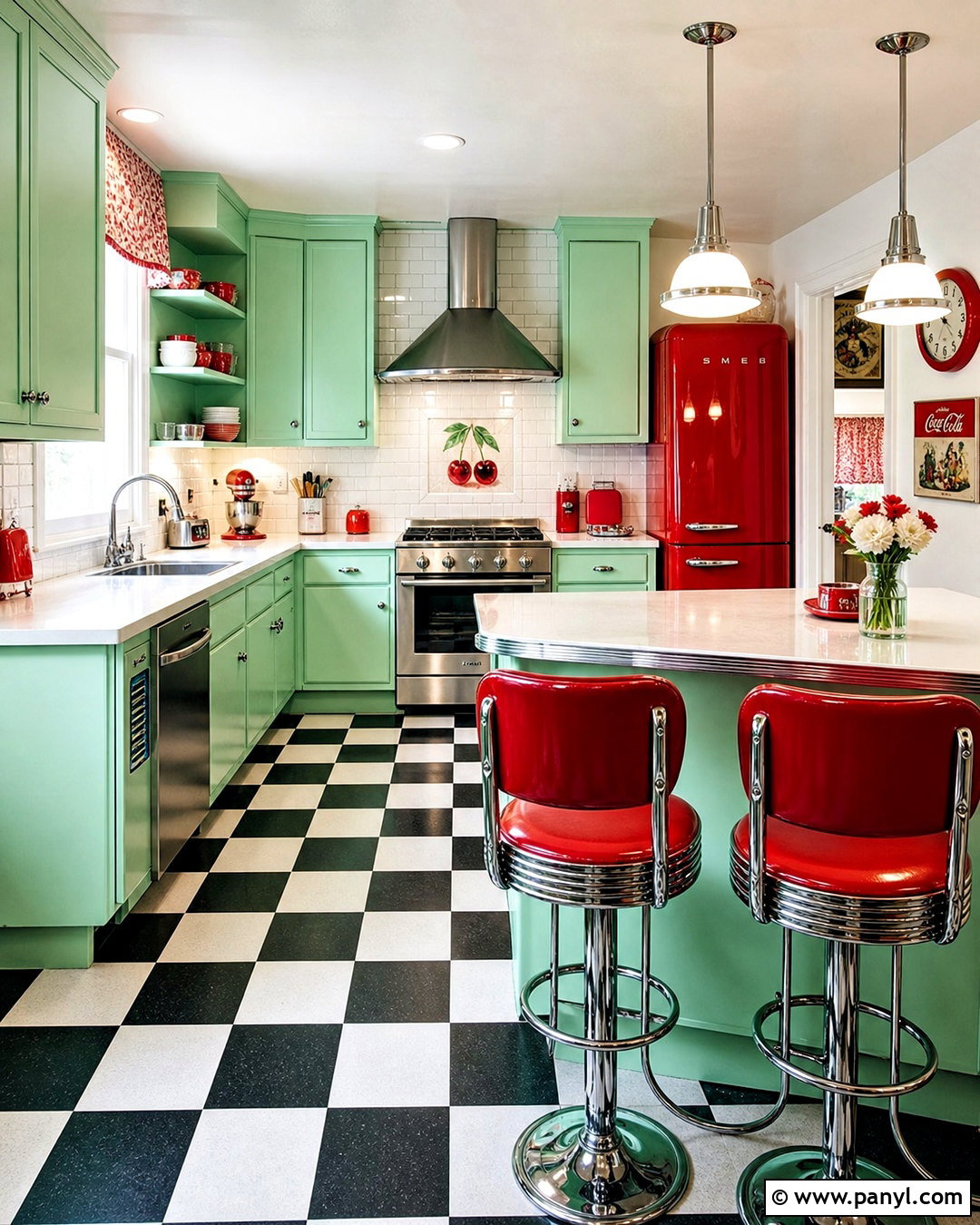 Mint Green And Cherry Red Retro Kitchen - 20 green and red kitchen ideas