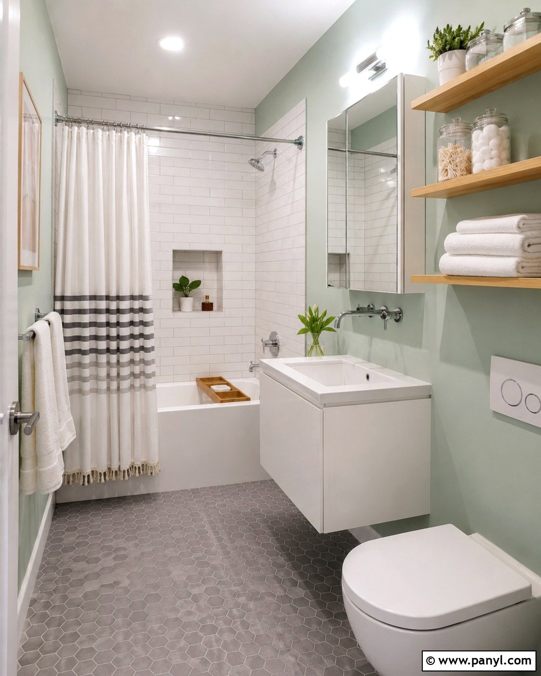 Mint Green Bathroom With Grey Hexagon Floor - 20 Bathroom Green Walls Grey Floor Ideas