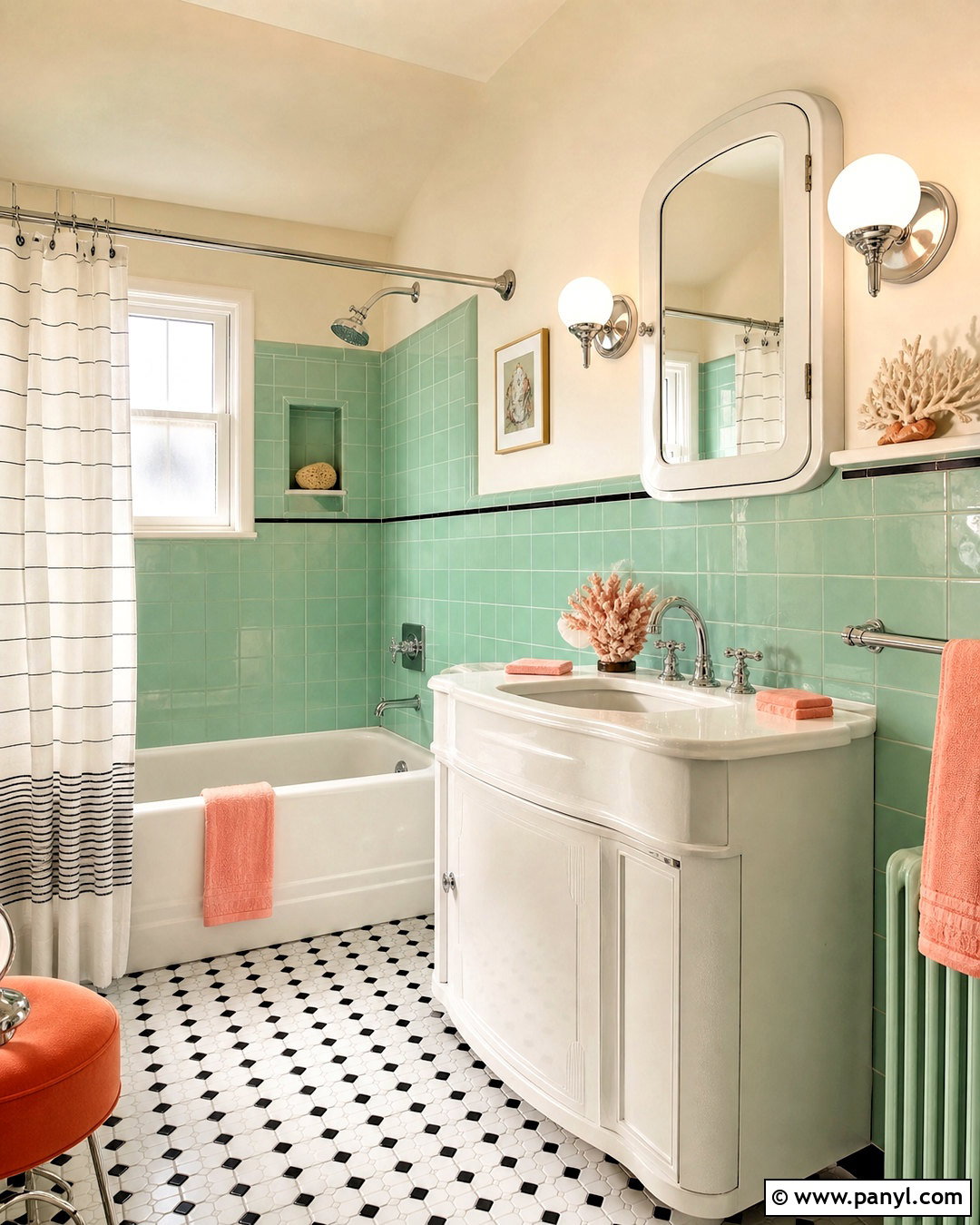 Mint Green Bathroom With Retro Details - 20 green bathroom inspo ideas