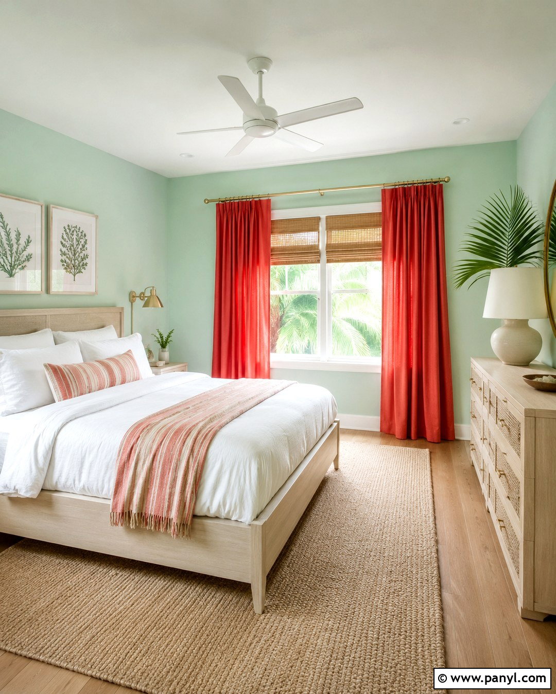 Mint Green Bedroom With Coral Red Curtains - 20 Green Walls Red Curtains