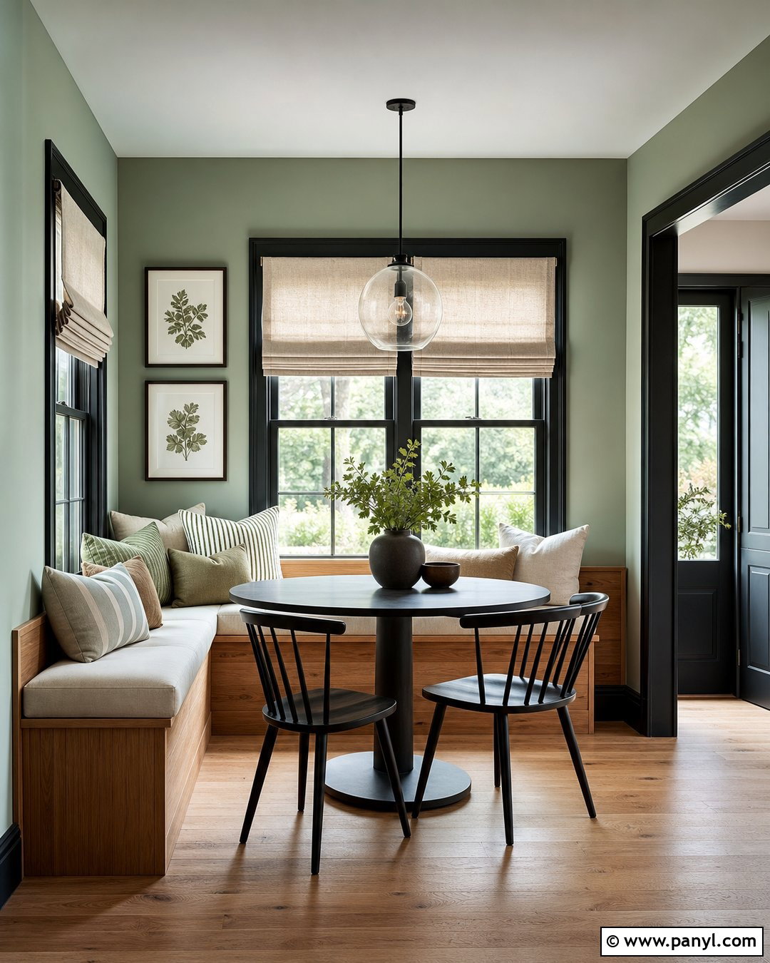 Mint Green Breakfast Nook With Black Trim - 25 Green Walls With Black Trim Ideas