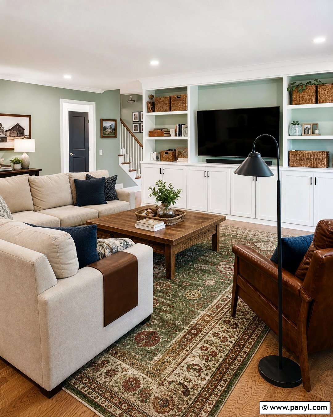 Mint Green Walls Family Room With Beige Sectional - 20 Mint Green Walls Interior Ideas