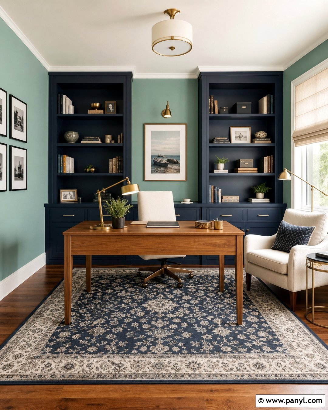 Mint Green Walls Home Office With Navy Built-Ins - 20 Mint Green Walls Interior Ideas
